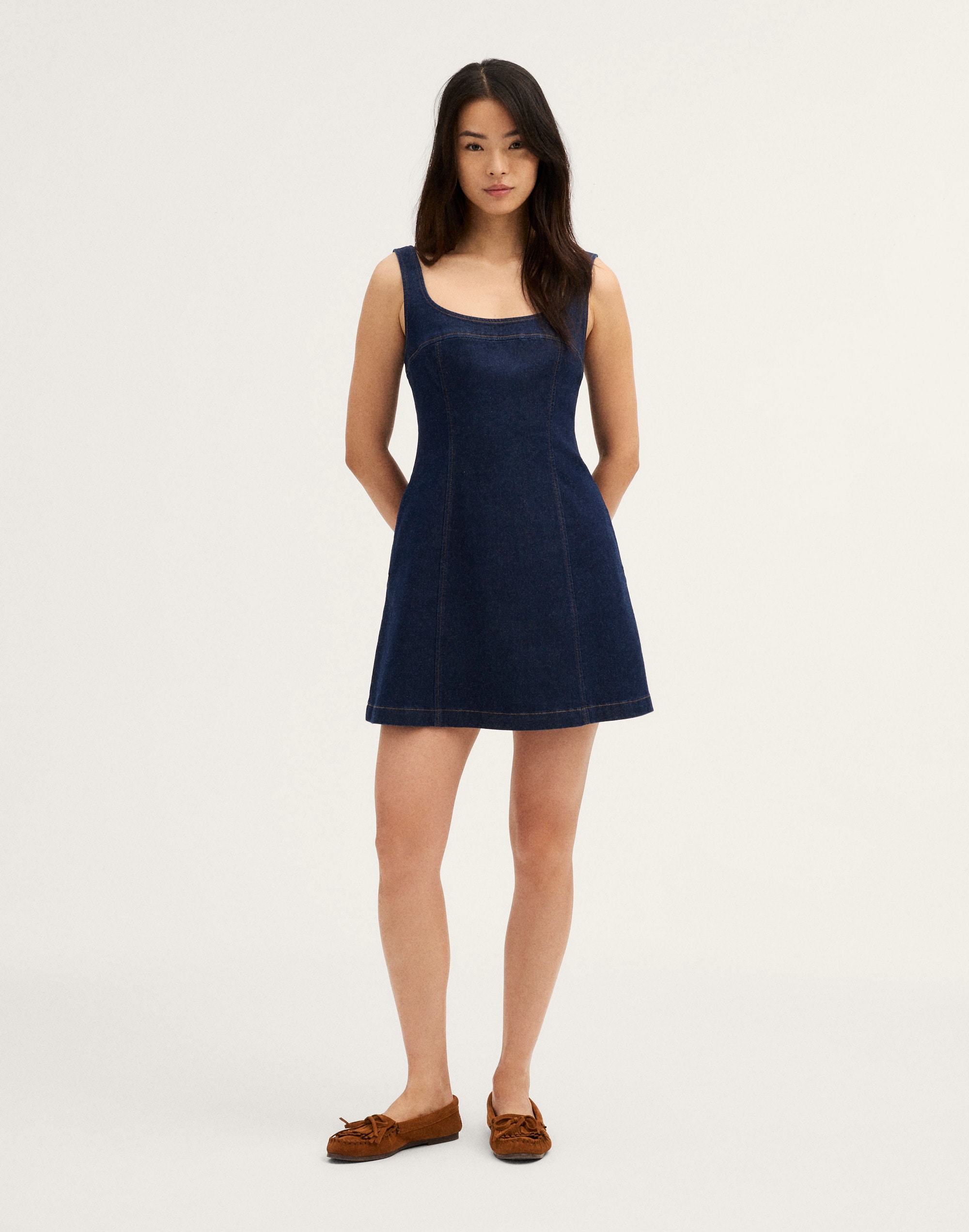 Denim Seamed Squareneck Mini Dress