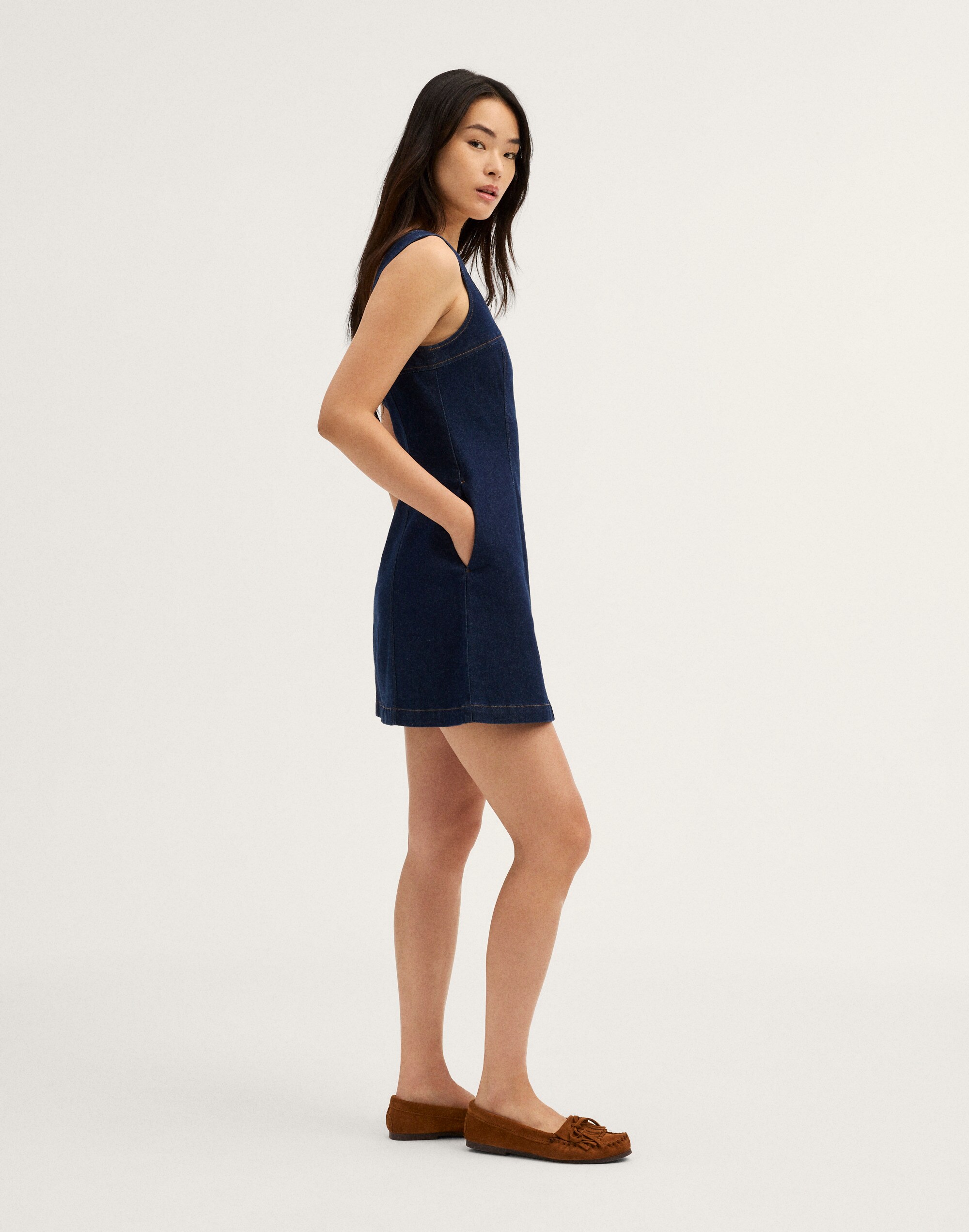 Denim Seamed Squareneck Mini Dress