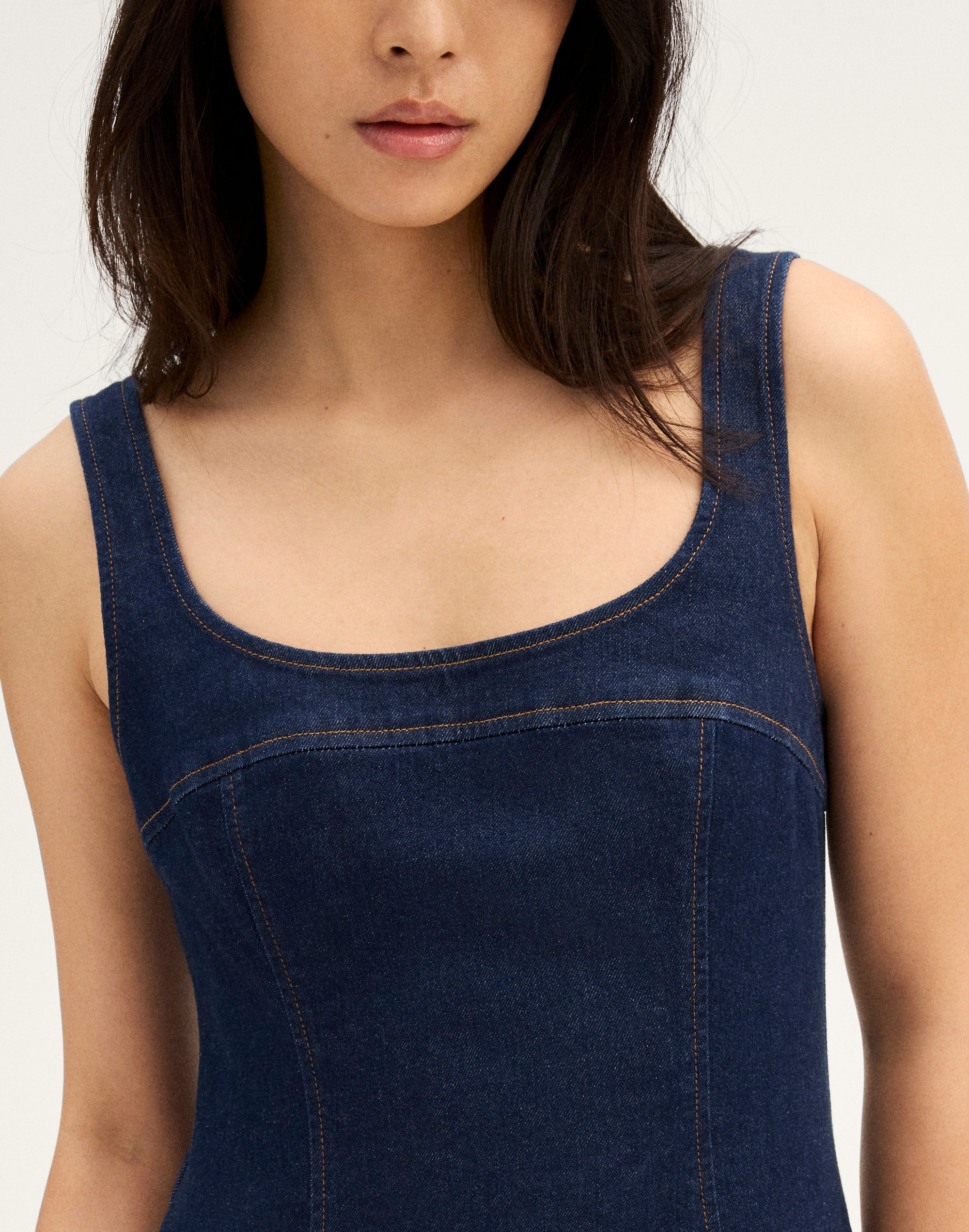 Denim Seamed Squareneck Mini Dress