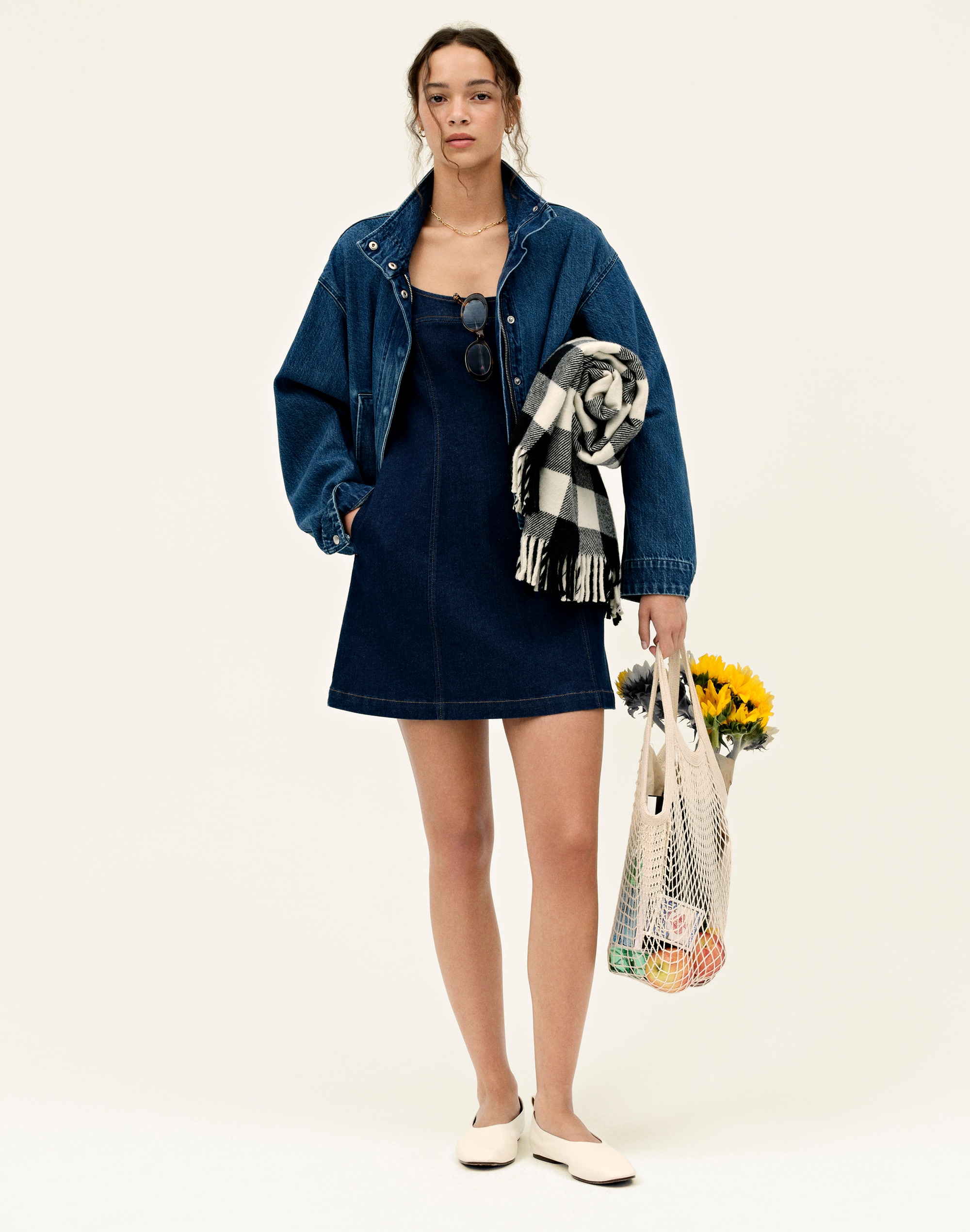 Denim Seamed Squareneck Mini Dress