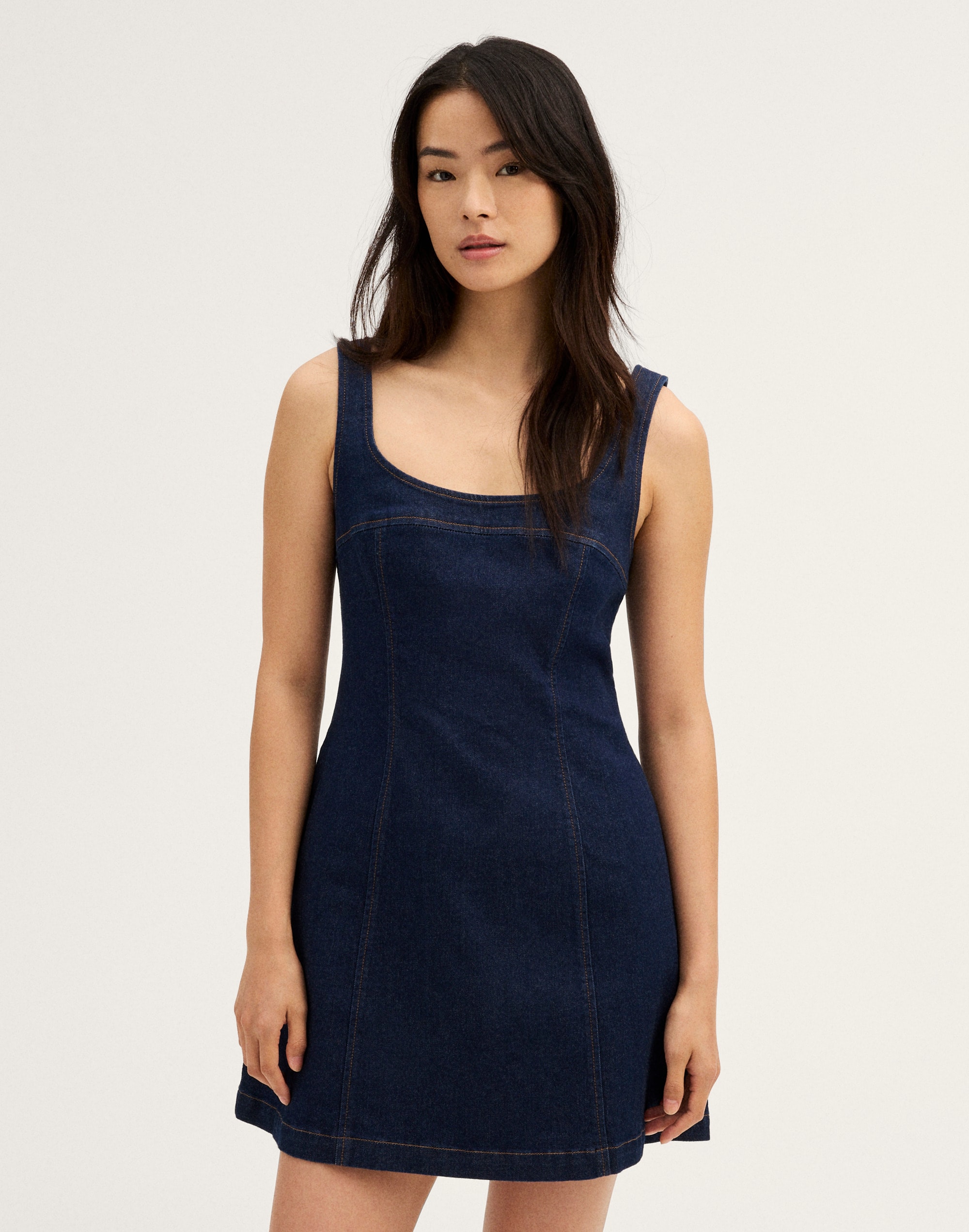 Denim Seamed Squareneck Mini Dress