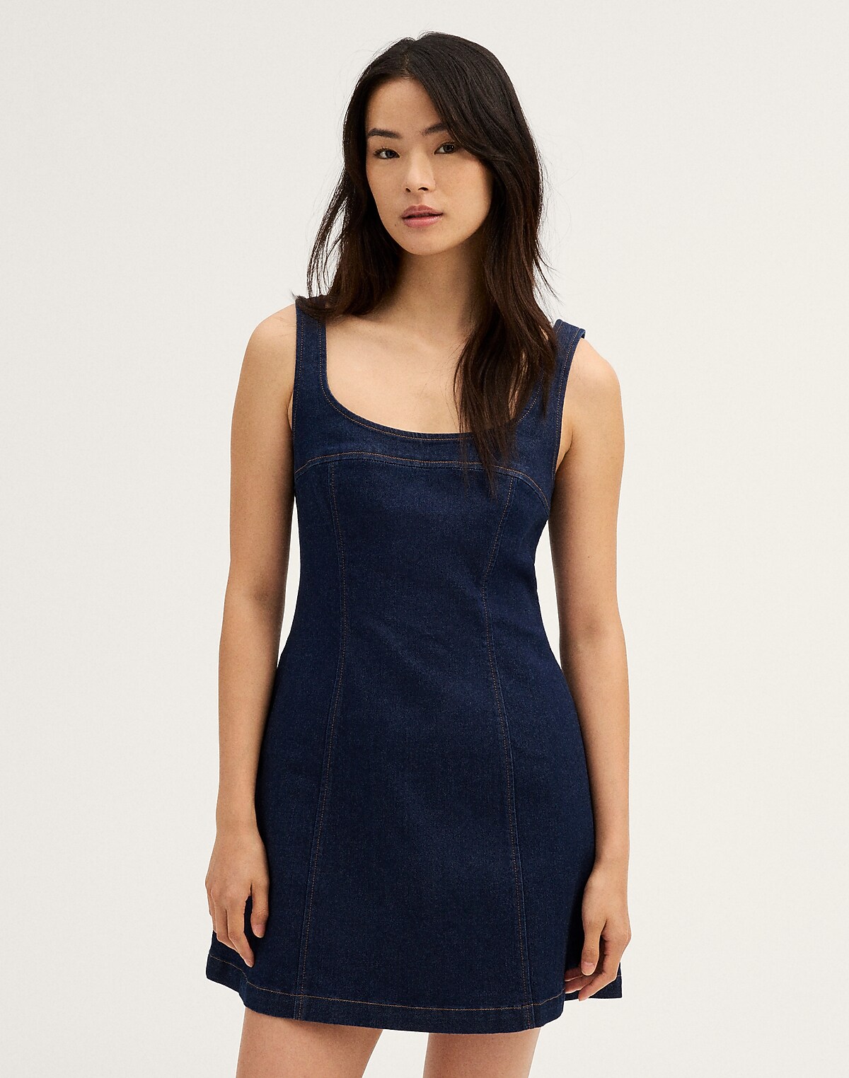 Denim Seamed Squareneck Mini Dress