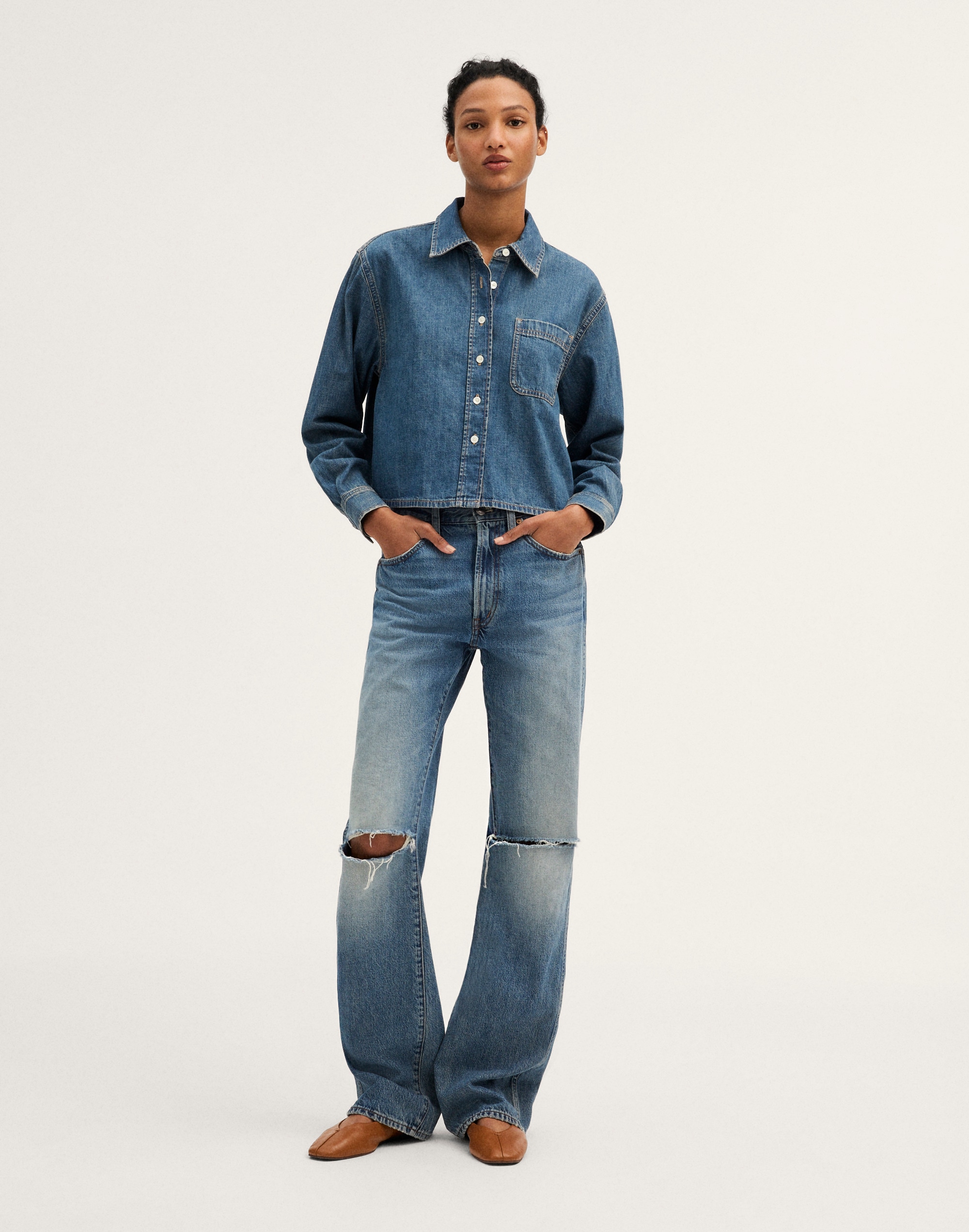 Denim Boxy Crop Button-Up Shirt