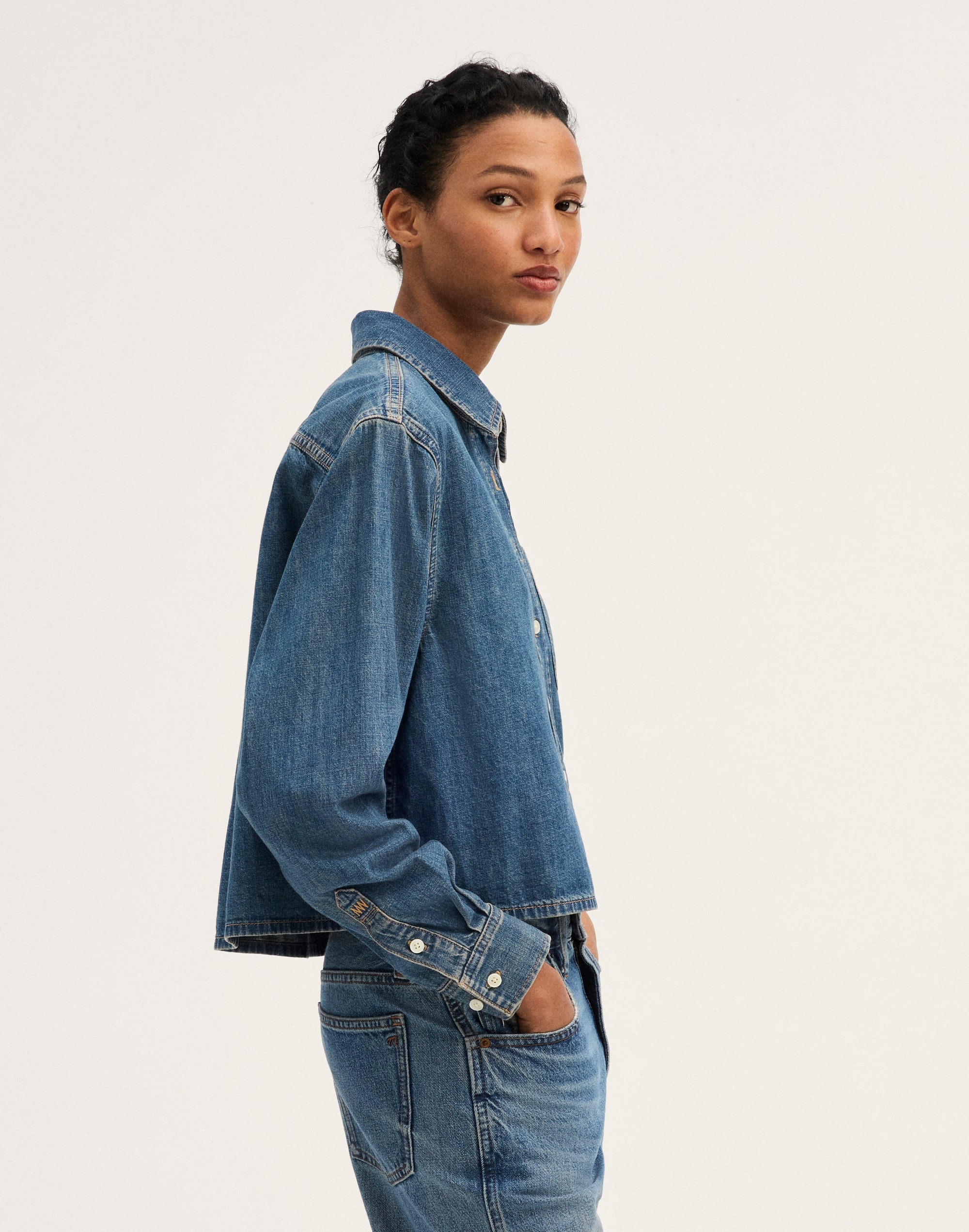 Denim Boxy Crop Button-Up Shirt