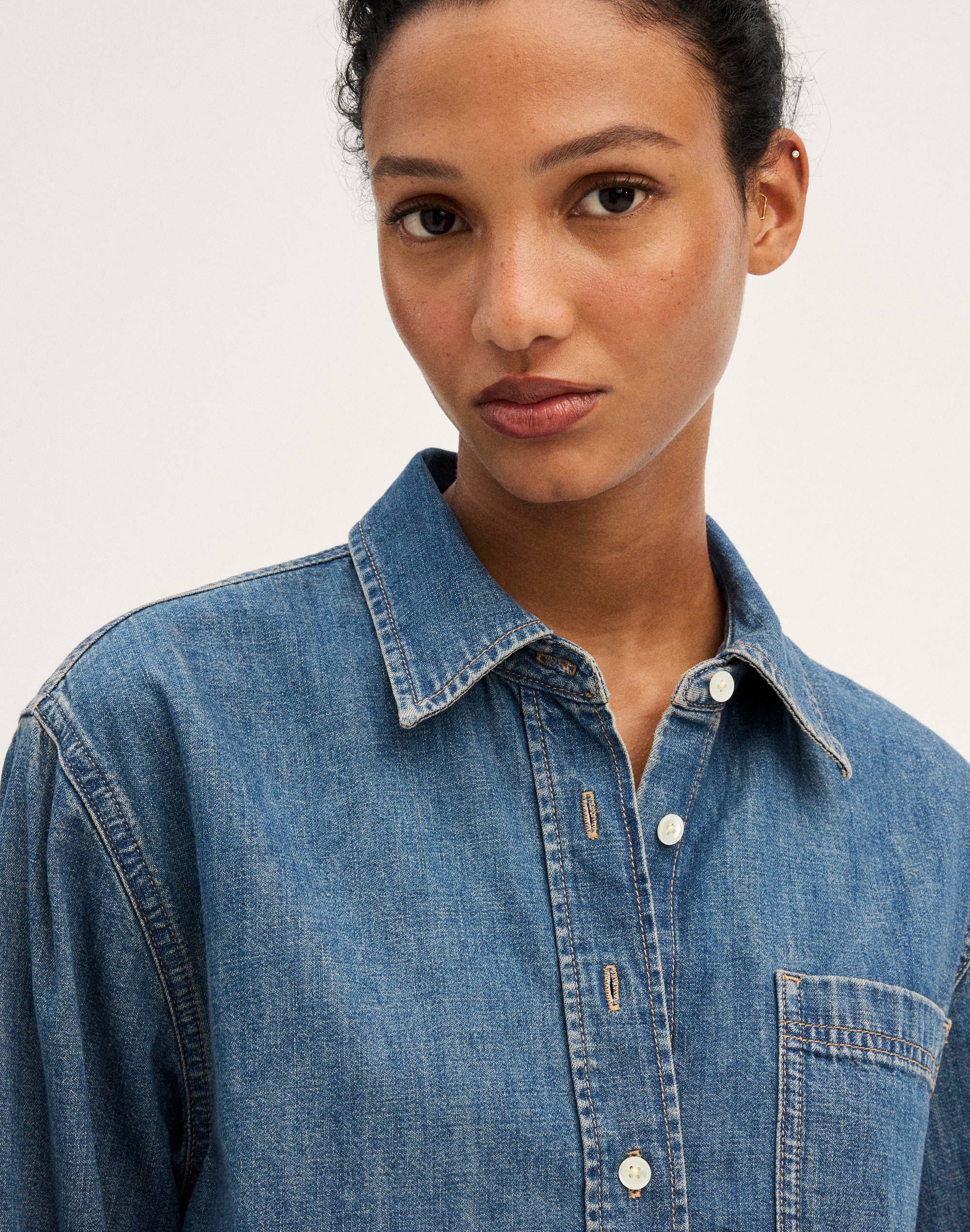 Denim Boxy Crop Button-Up Shirt
