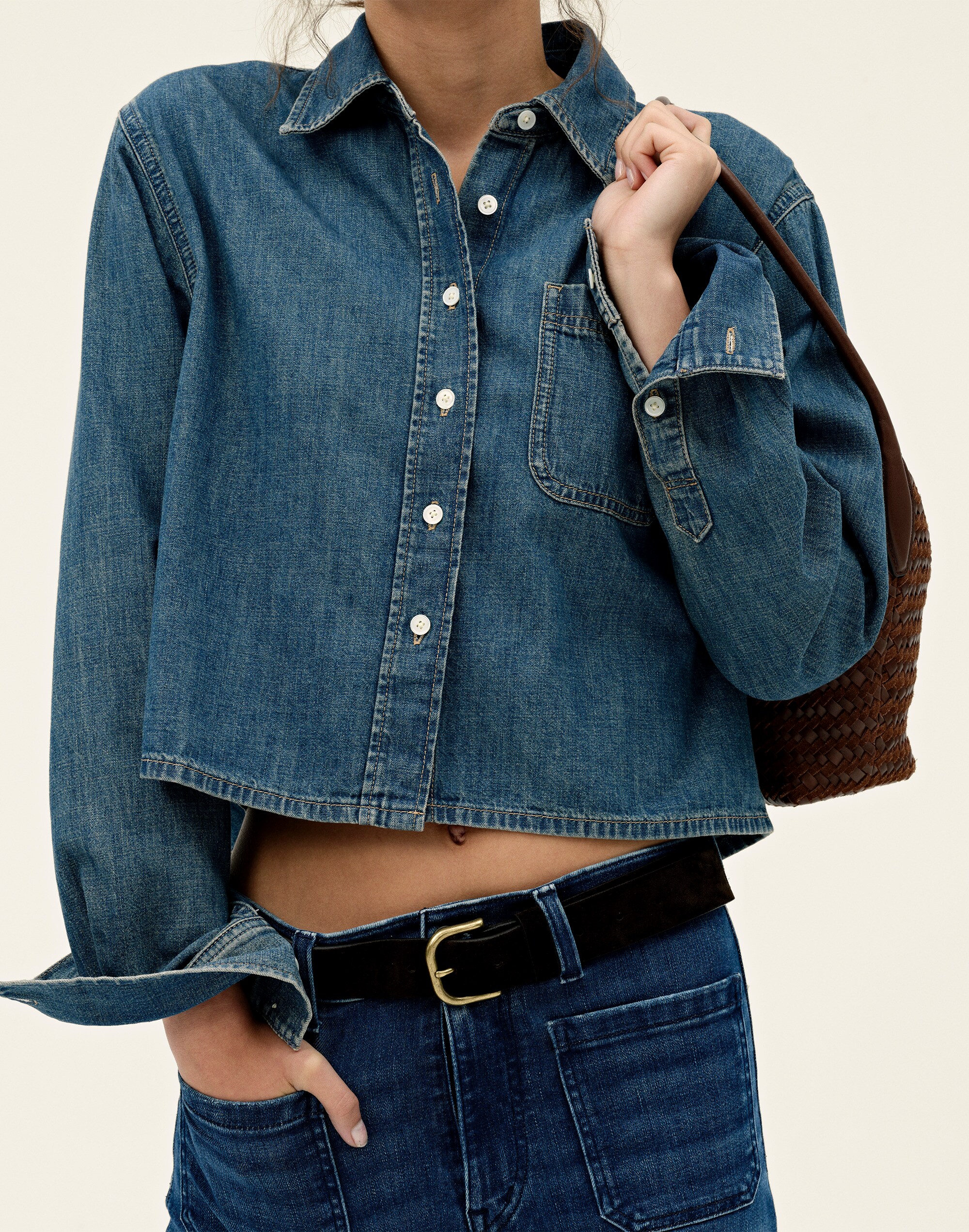Denim Boxy Crop Button-Up Shirt