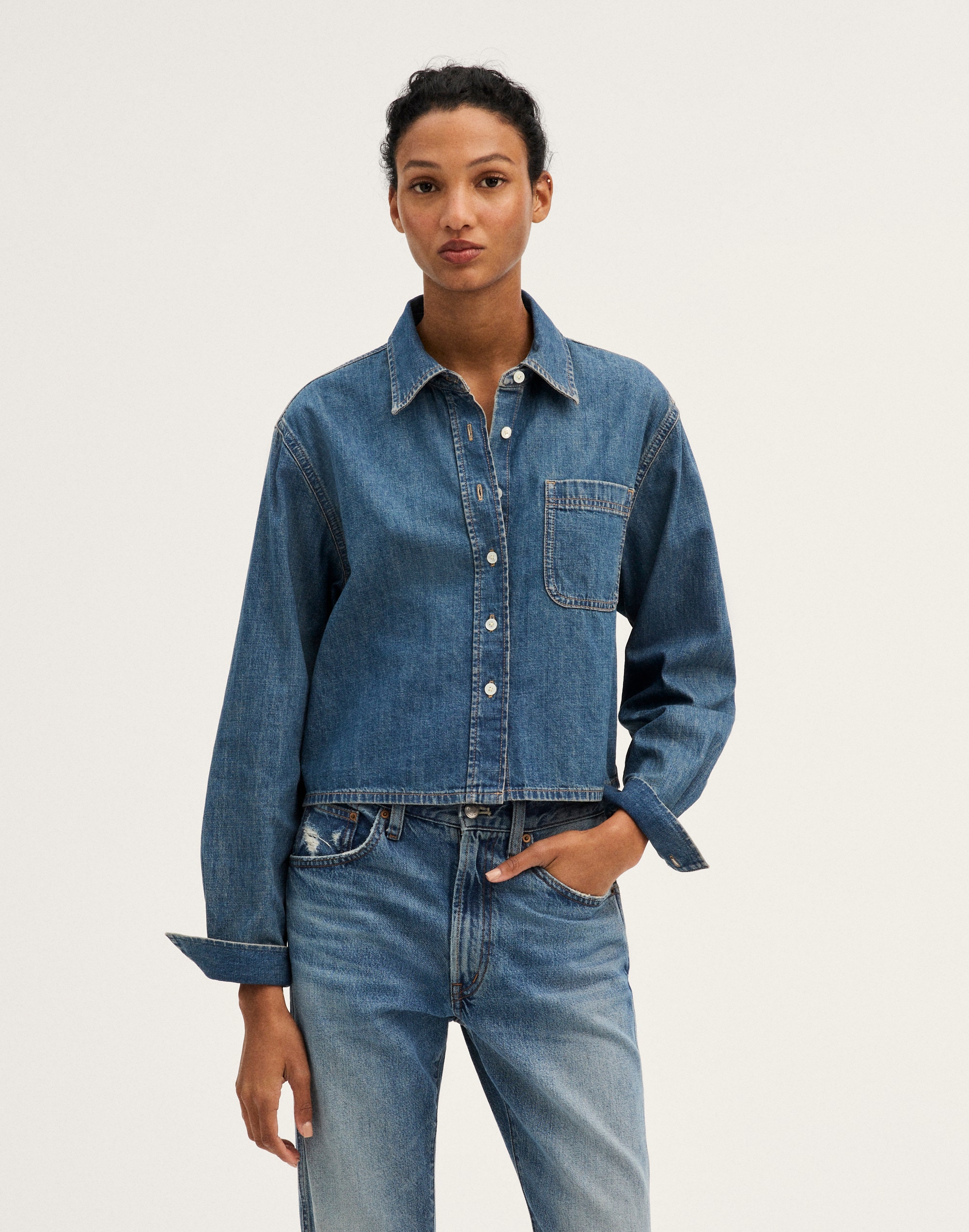 Madewell Denim Boxy Crop Button-up Shirt In Anchor Blue