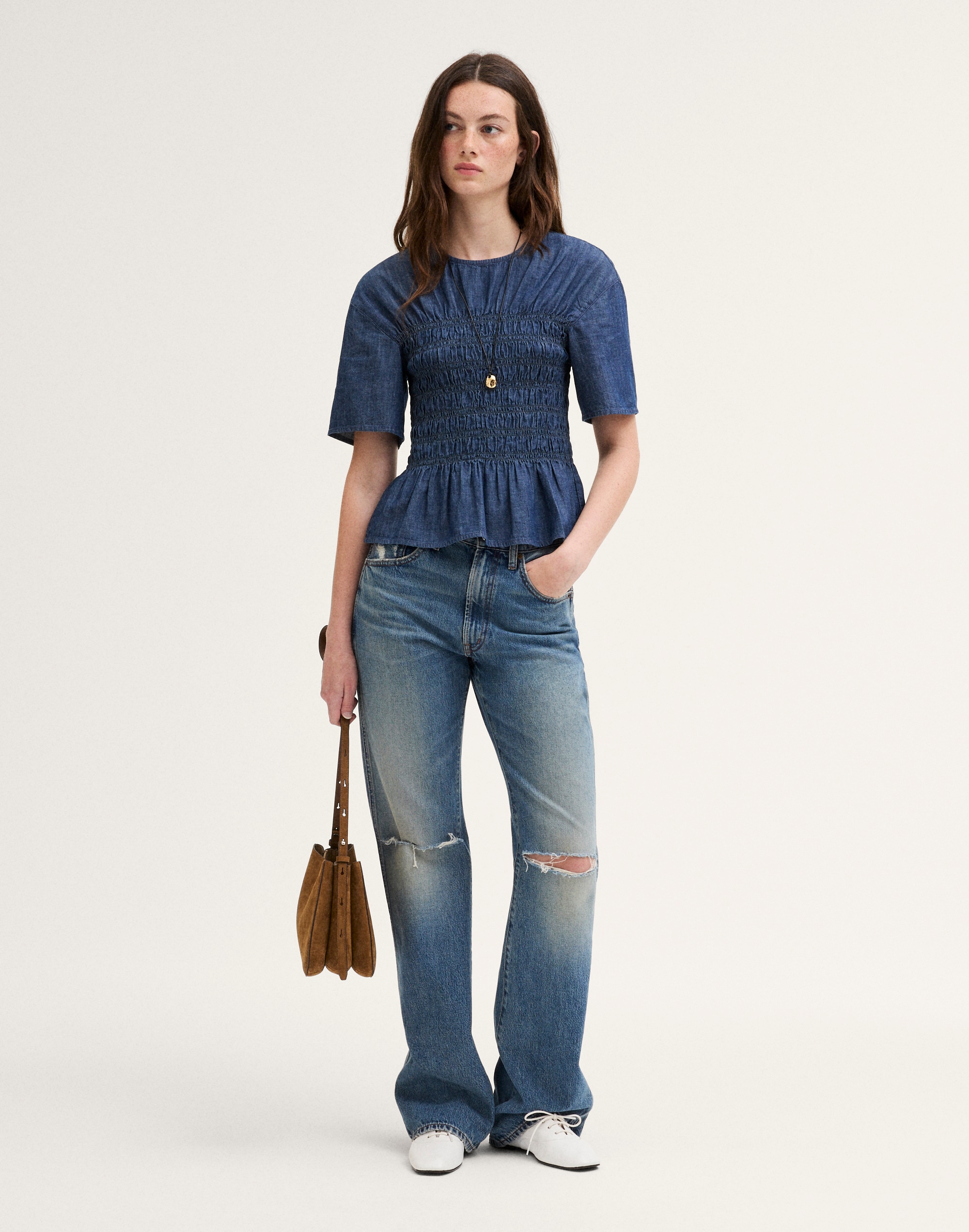 Denim Smocked Top