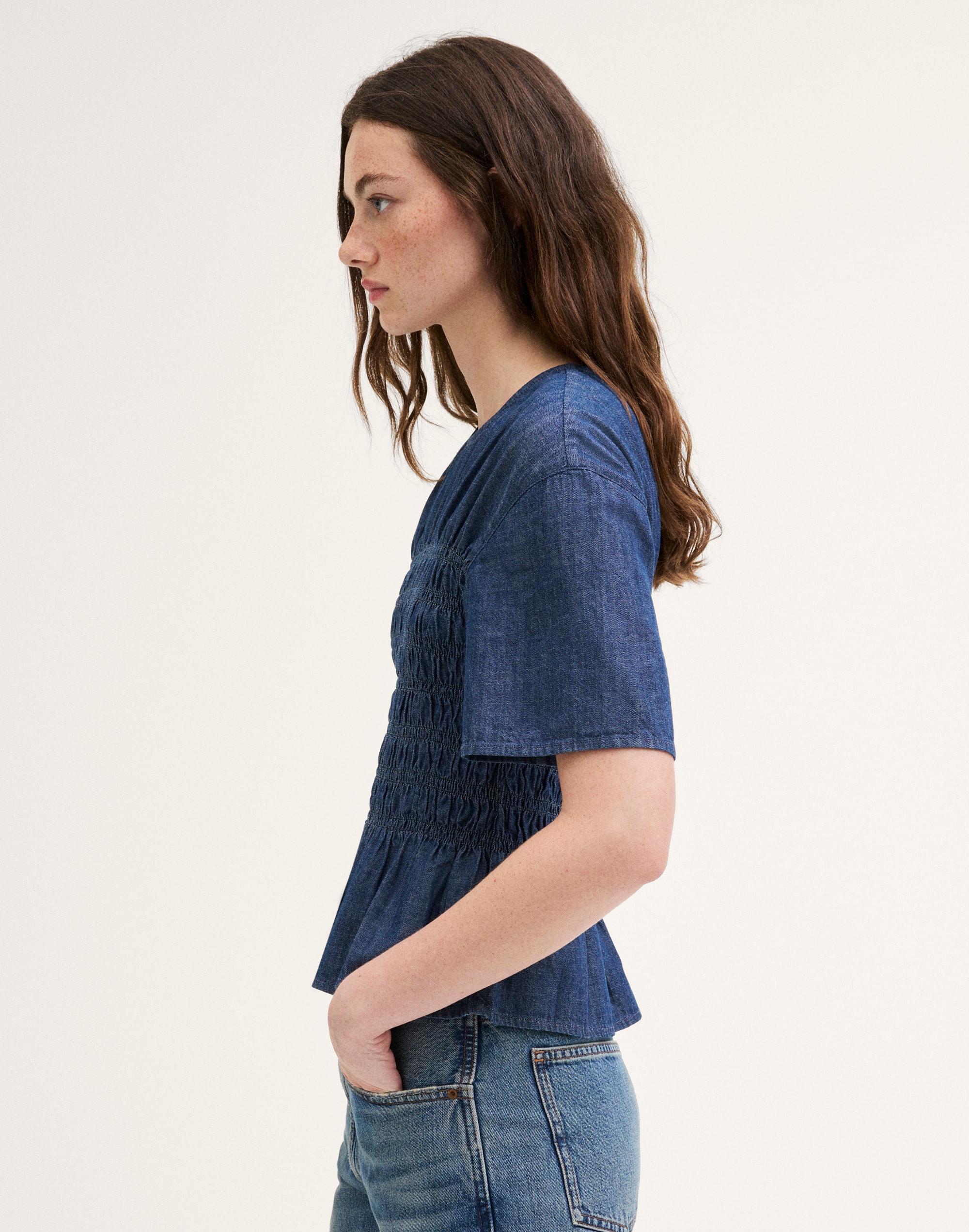 Denim Smocked Top