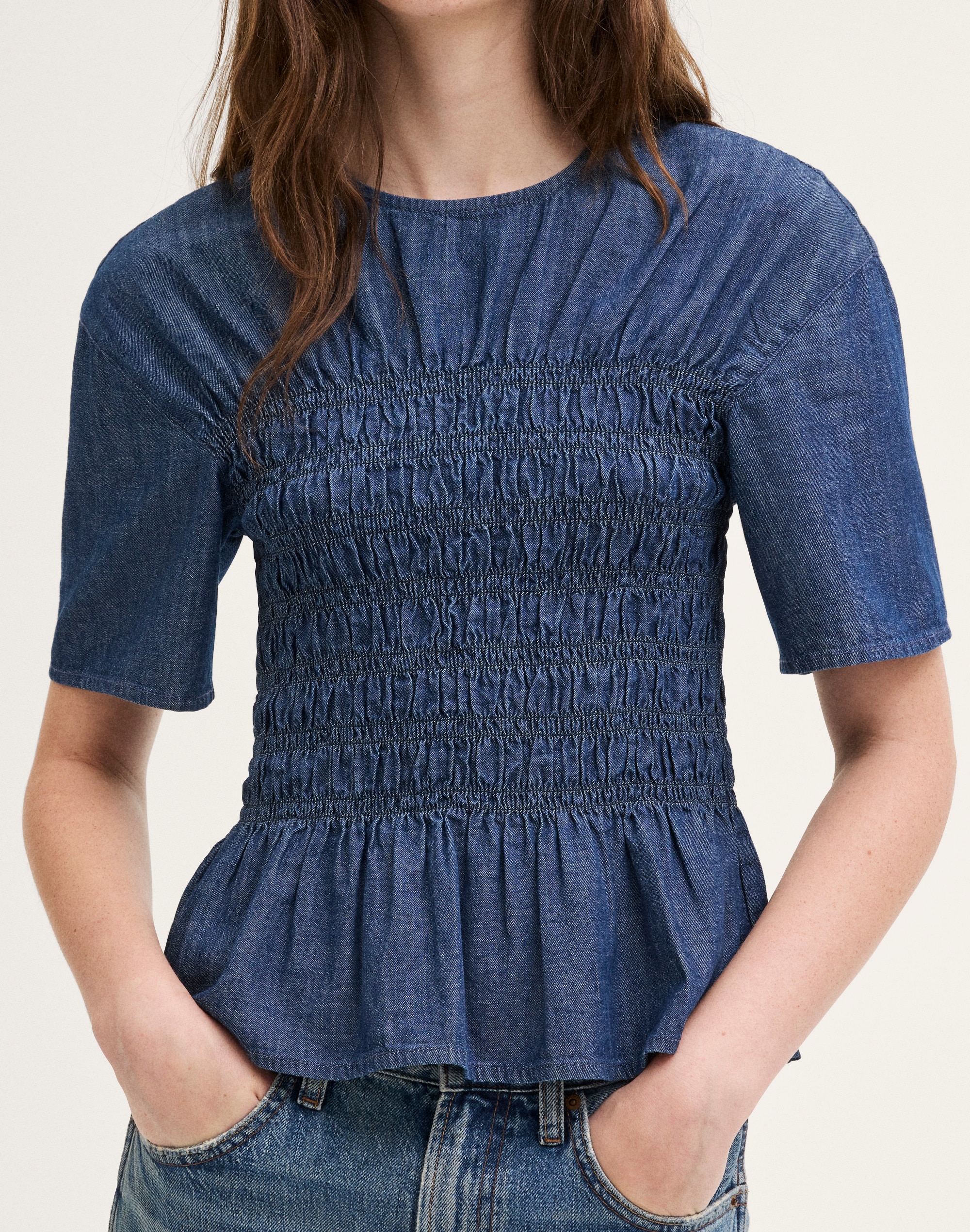 Denim Smocked Top
