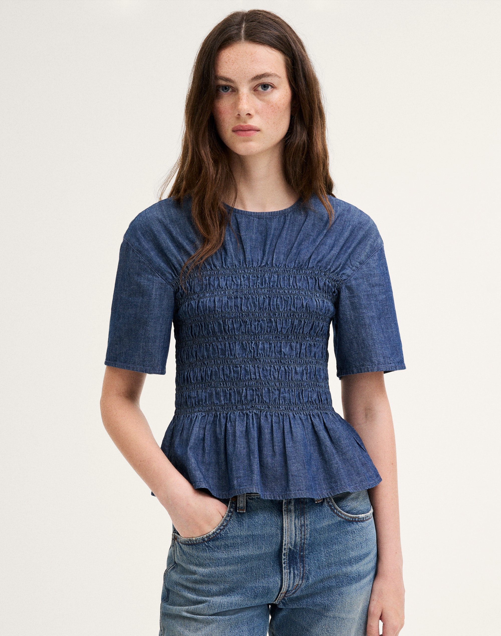 Denim Smocked Top