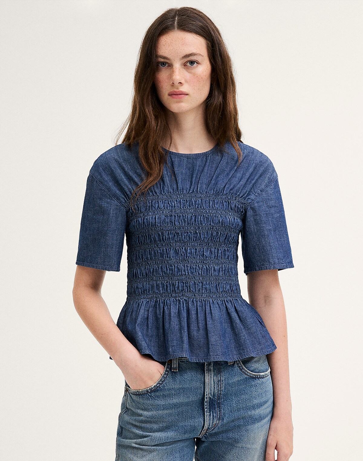 Denim Smocked Top