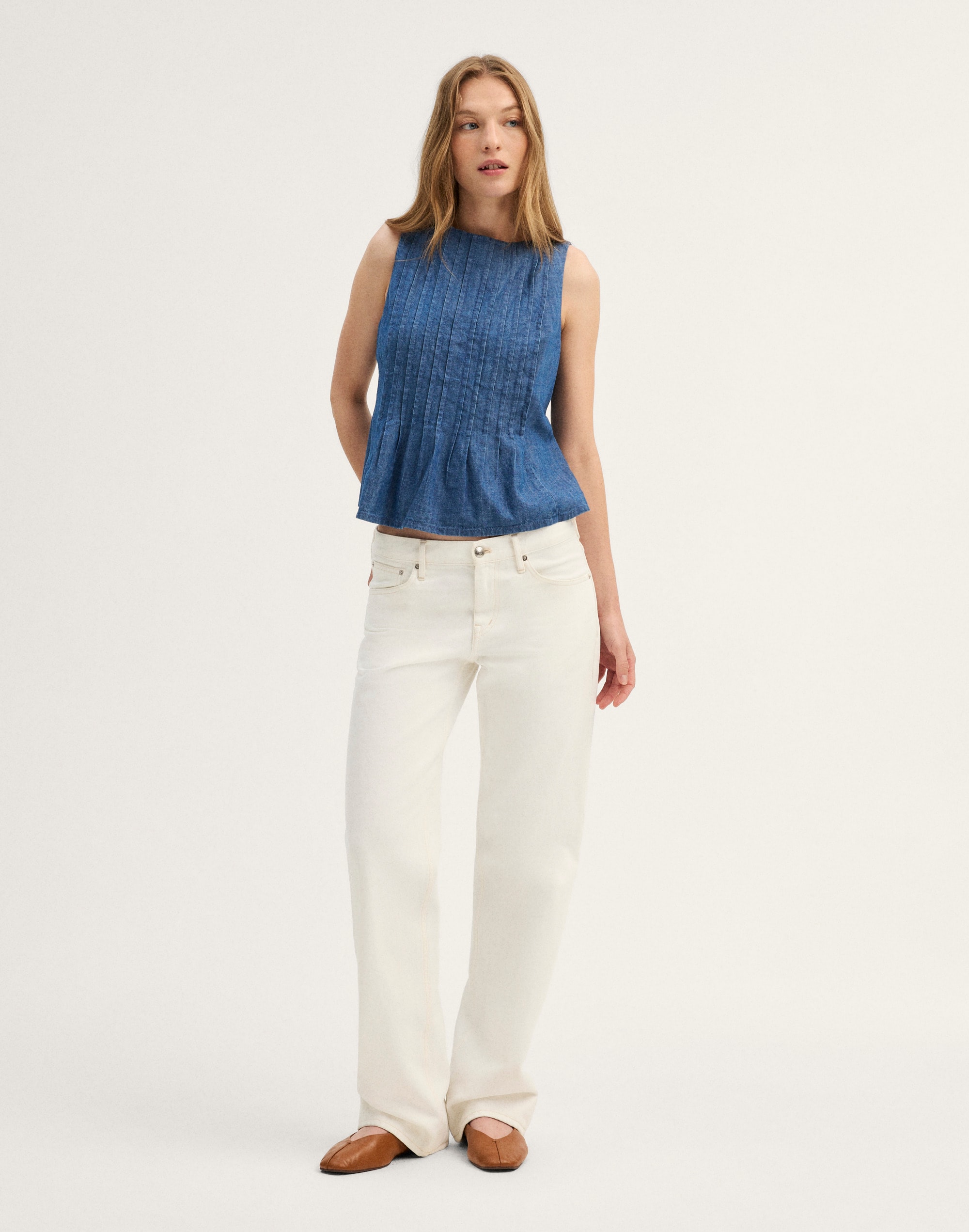 Denim Pintuck Peplum Top