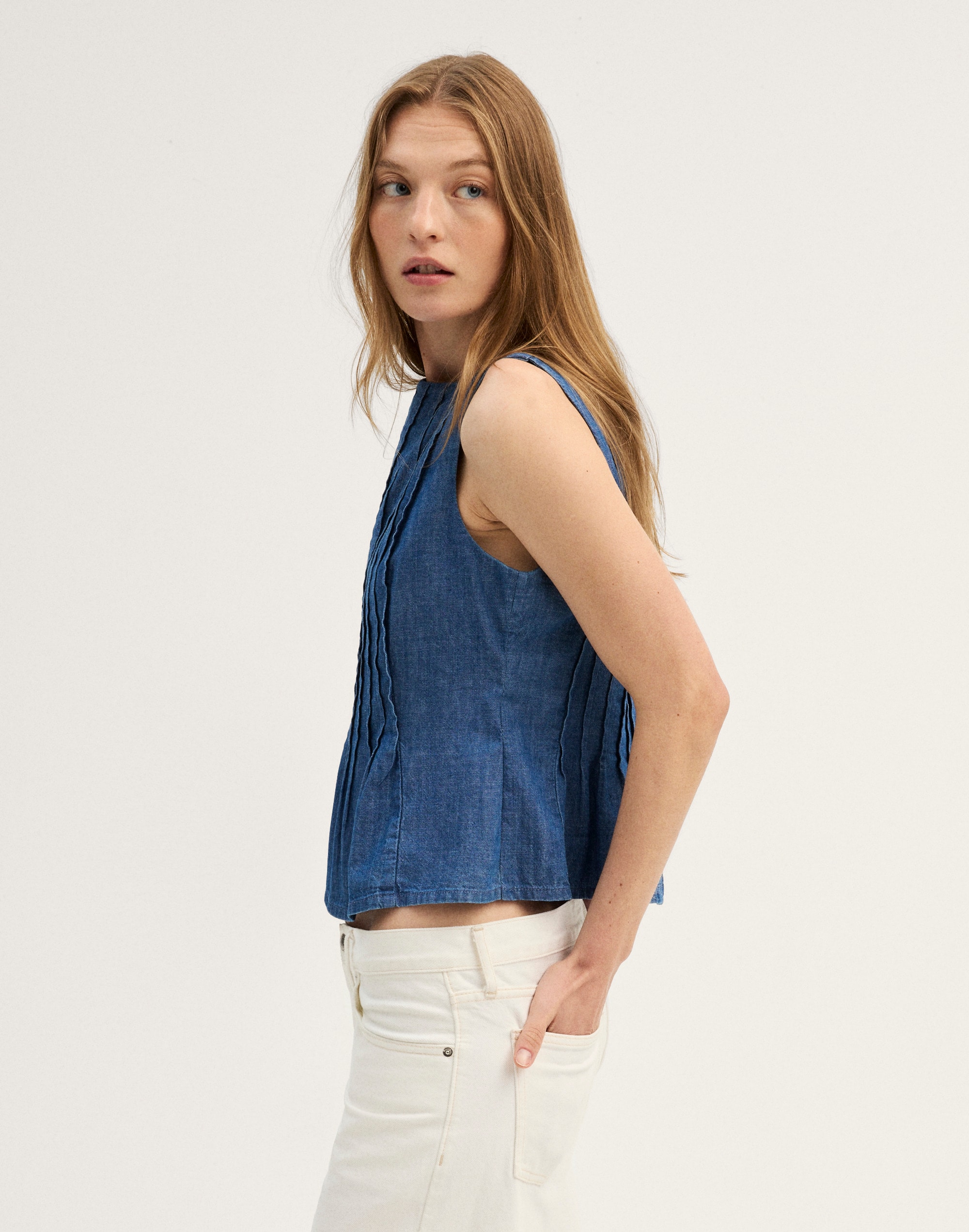 Denim Pintuck Peplum Top