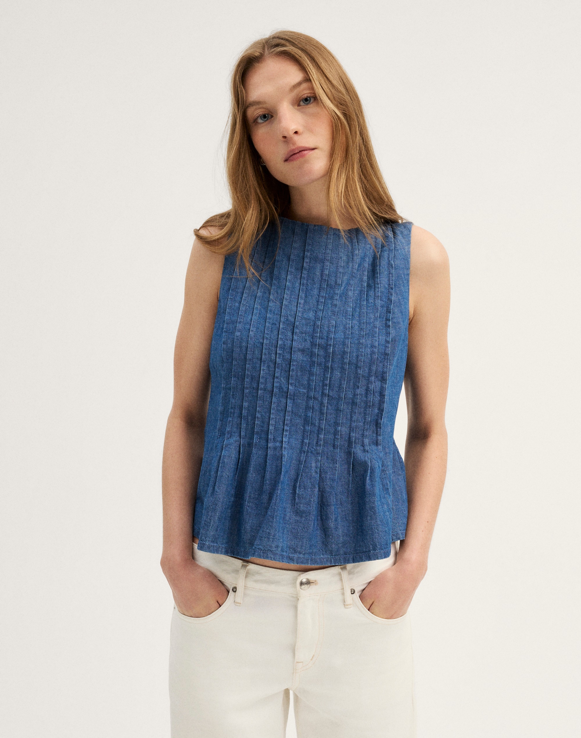 Denim Pintuck Peplum Top