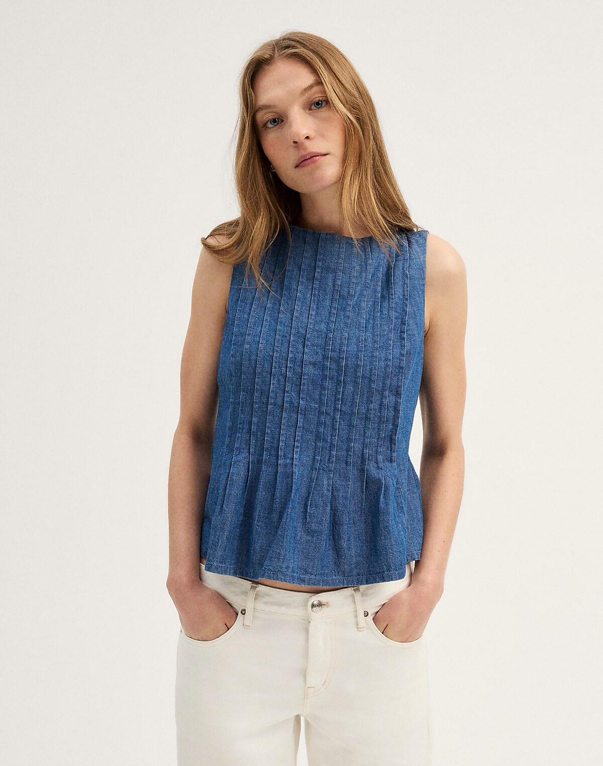 Denim Pintuck Peplum Top