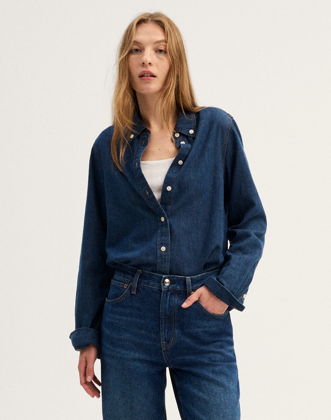 denim tuckable button-down shirt