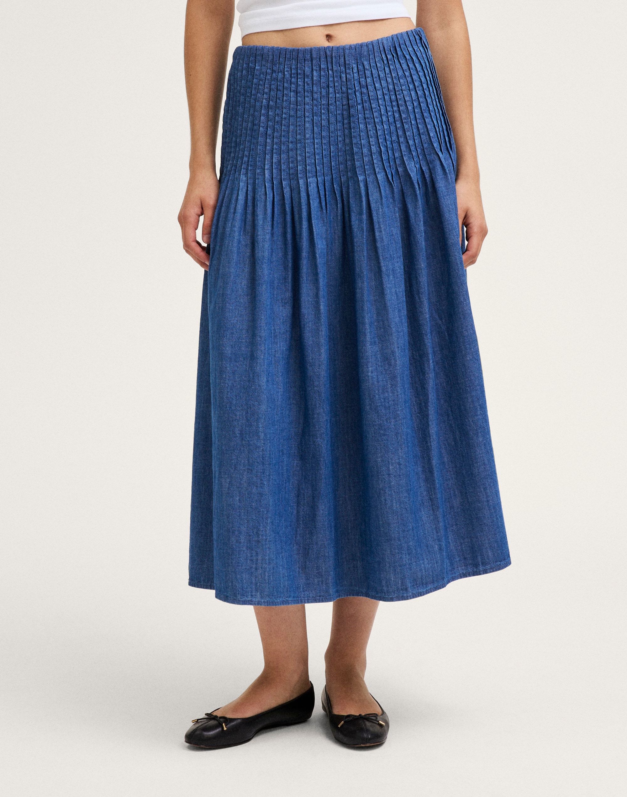 Denim Pintuck Midi Skirt