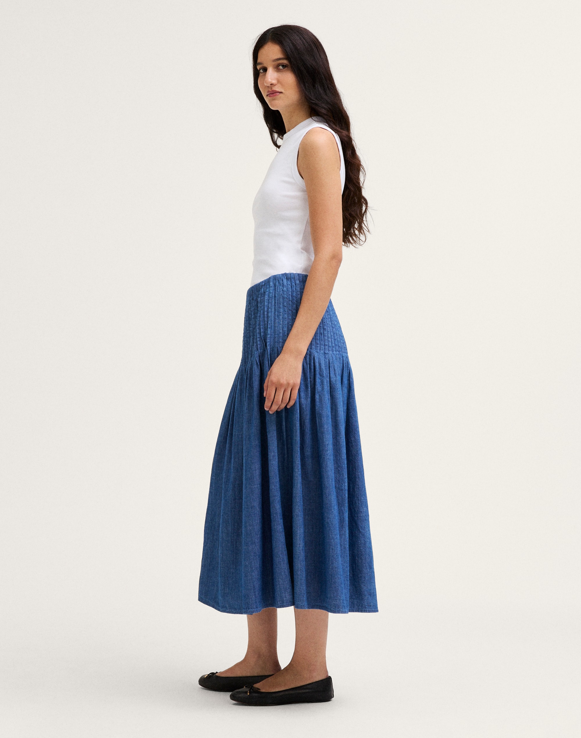 Denim Pintuck Midi Skirt
