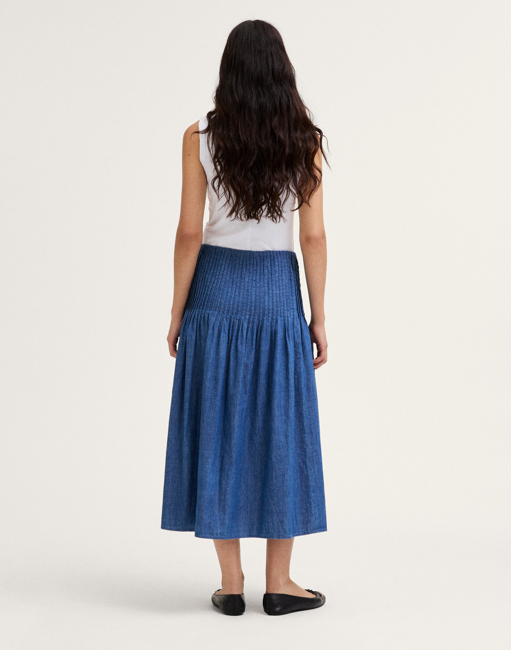 Denim Pintuck Midi Skirt