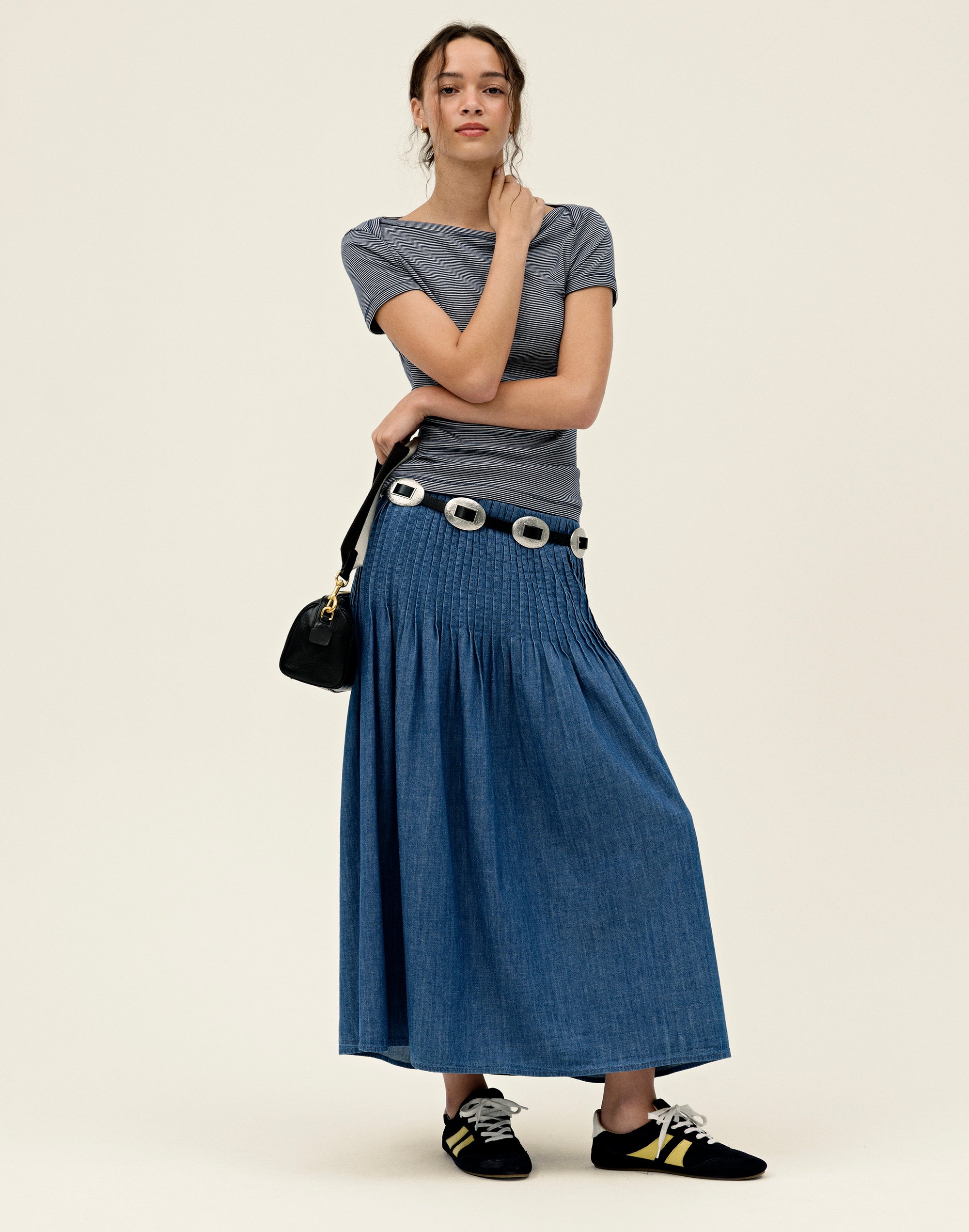 Denim Pintuck Midi Skirt