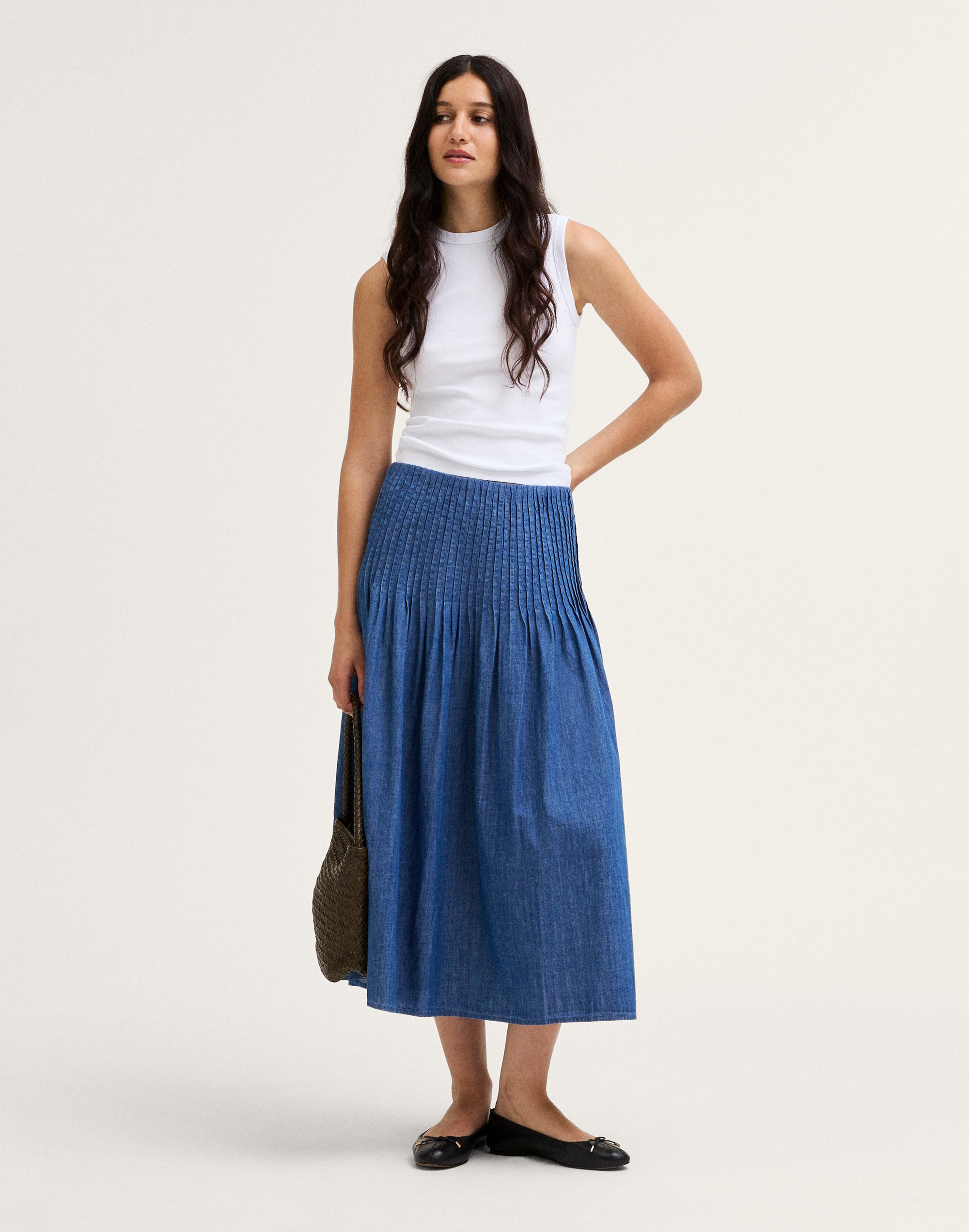 Denim Pintuck Midi Skirt