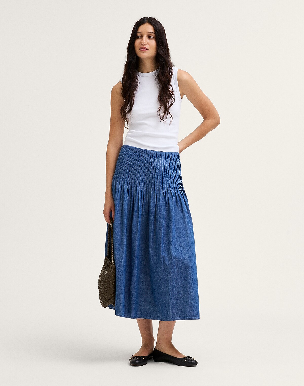 Denim Pintuck Midi Skirt