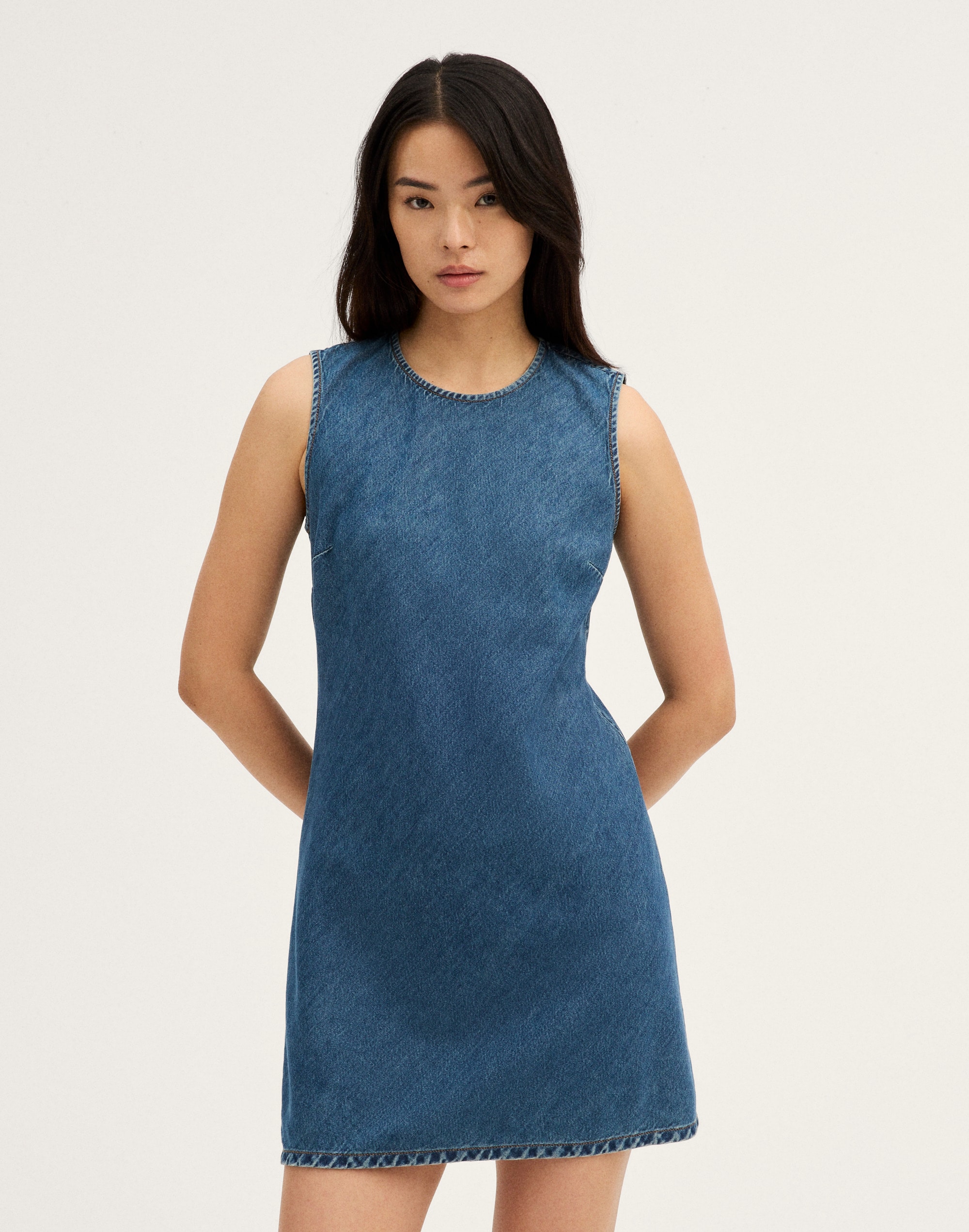 Crewneck Sleeveless Mini Dress in Airy Denim