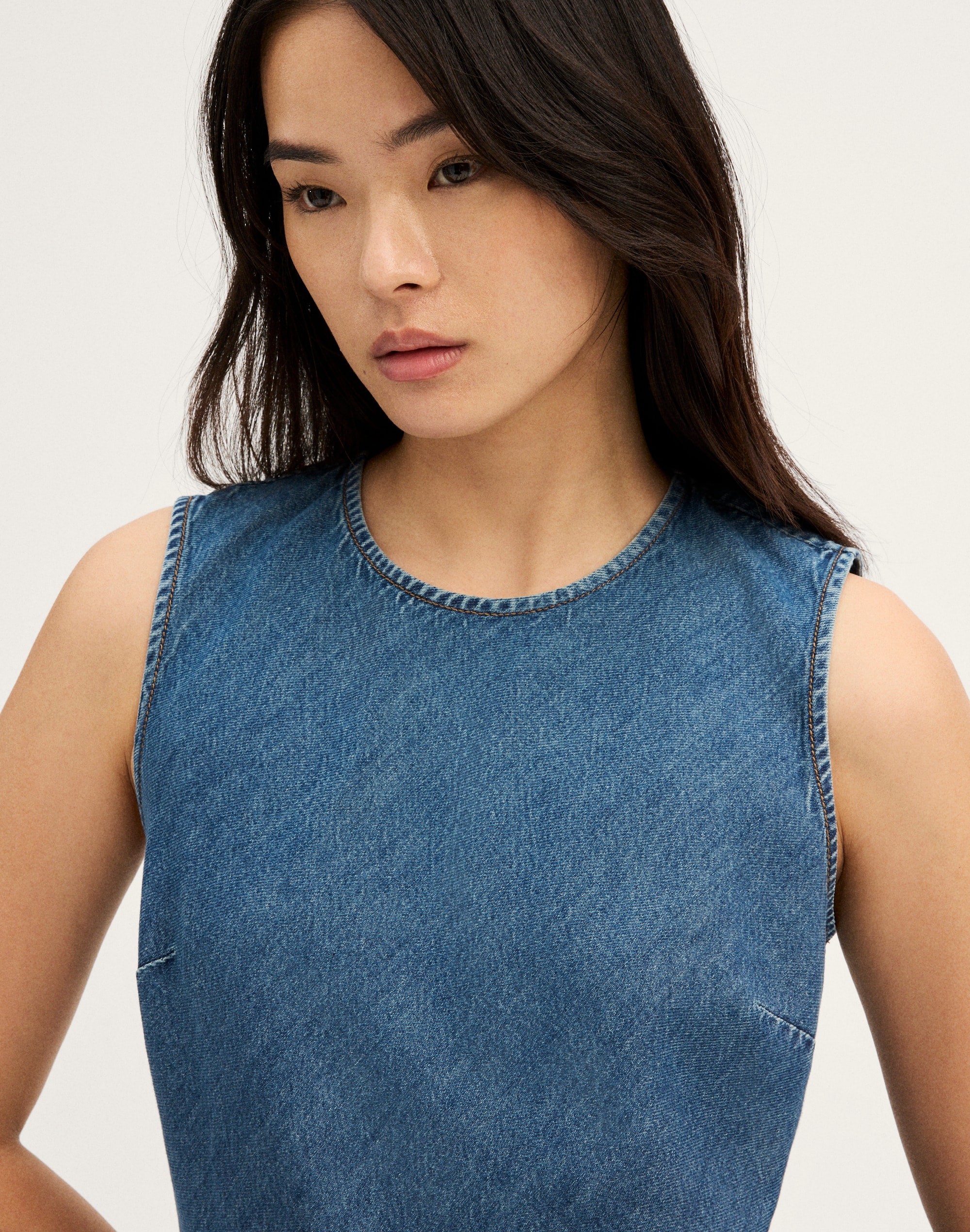 Crewneck Sleeveless Mini Dress in Airy Denim