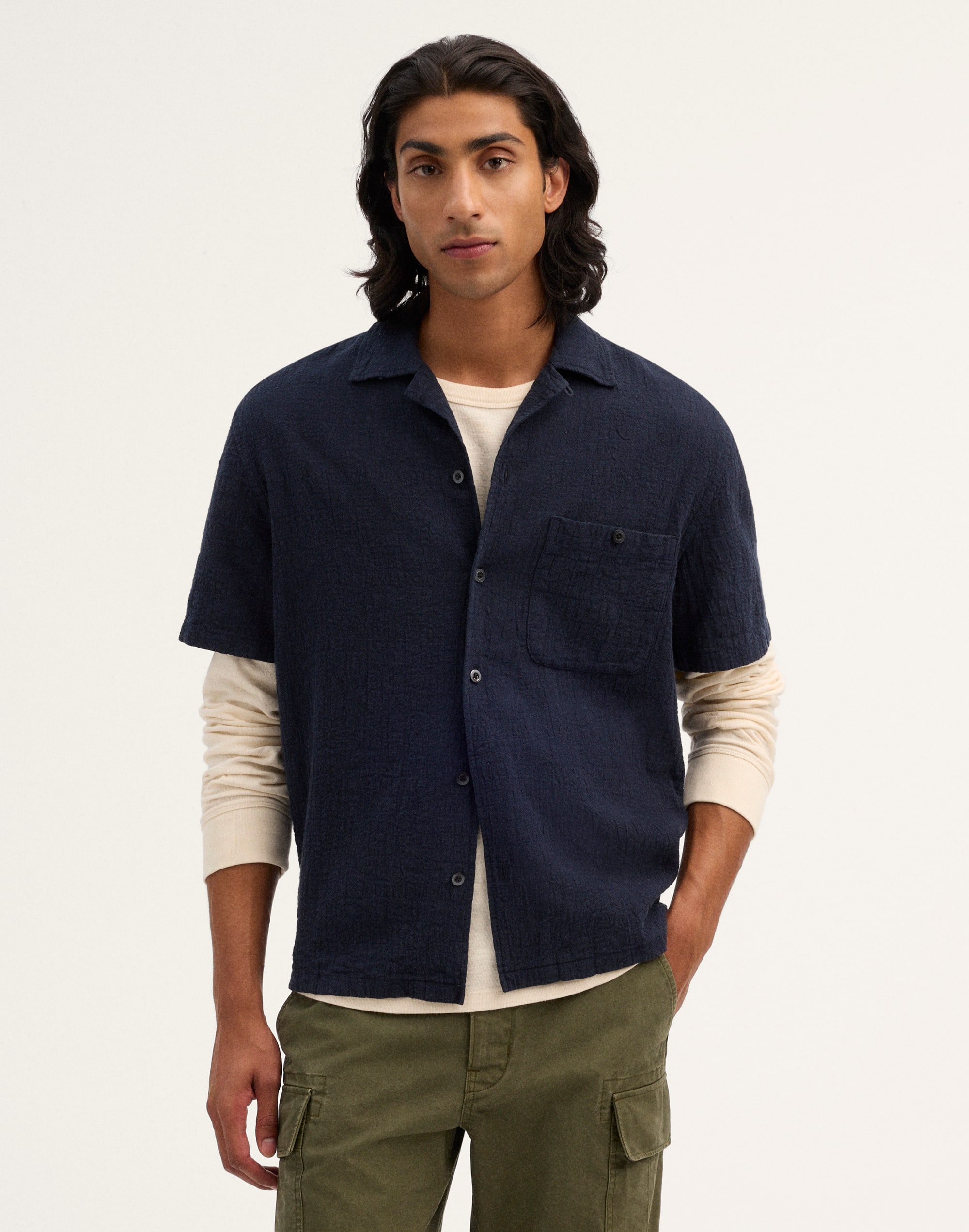Camp-Collar Shirt in Cotton-Linen Blend