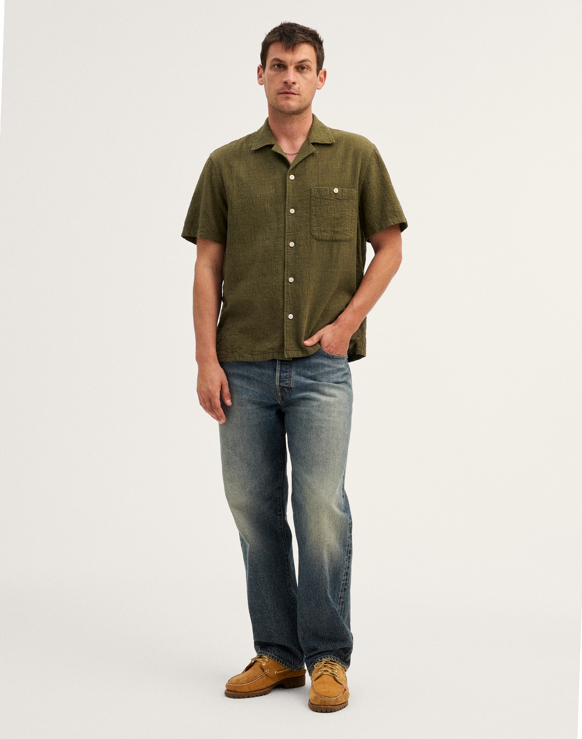 Camp-Collar Shirt in Cotton-Linen Blend