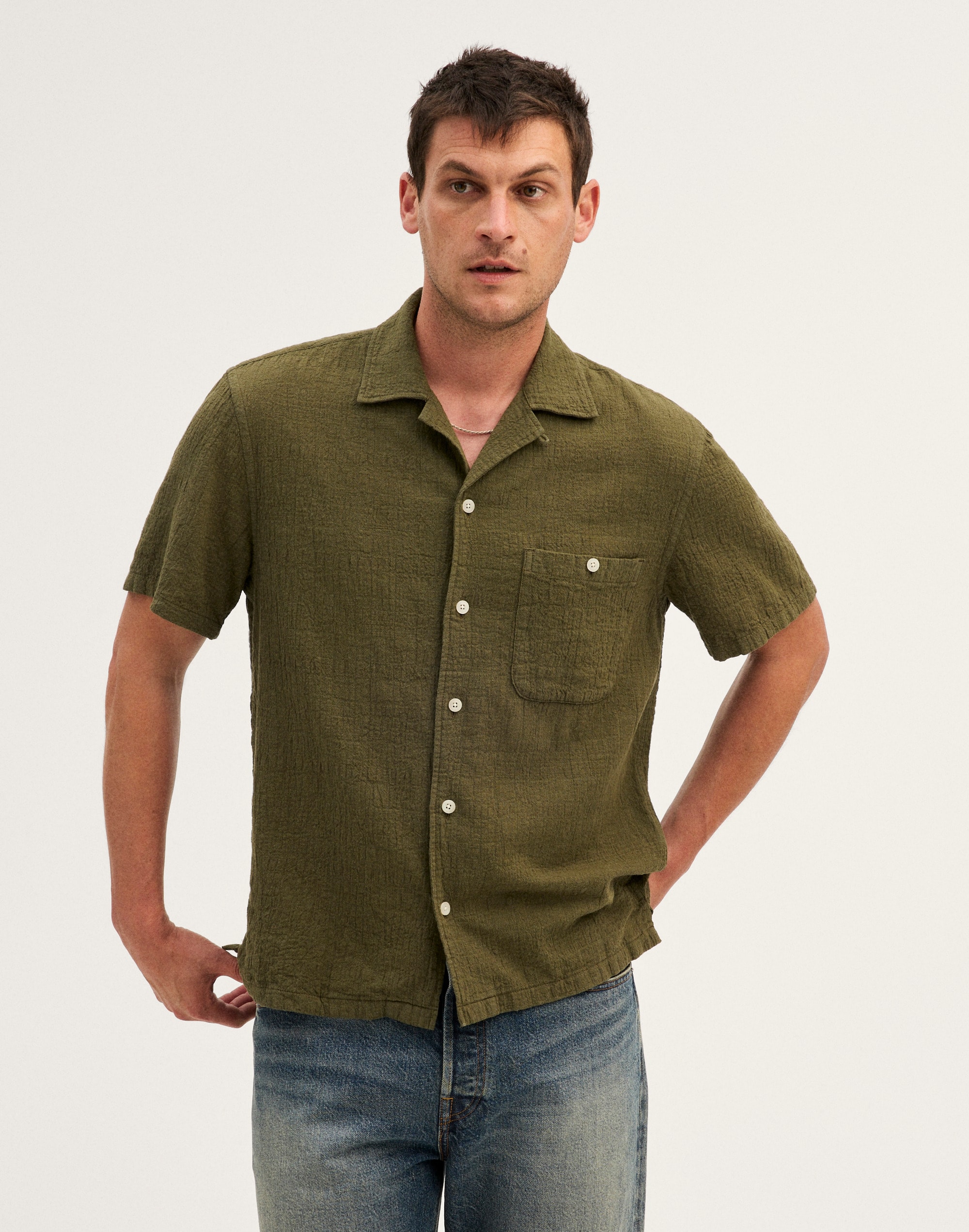 Camp-Collar Shirt in Cotton-Linen Blend