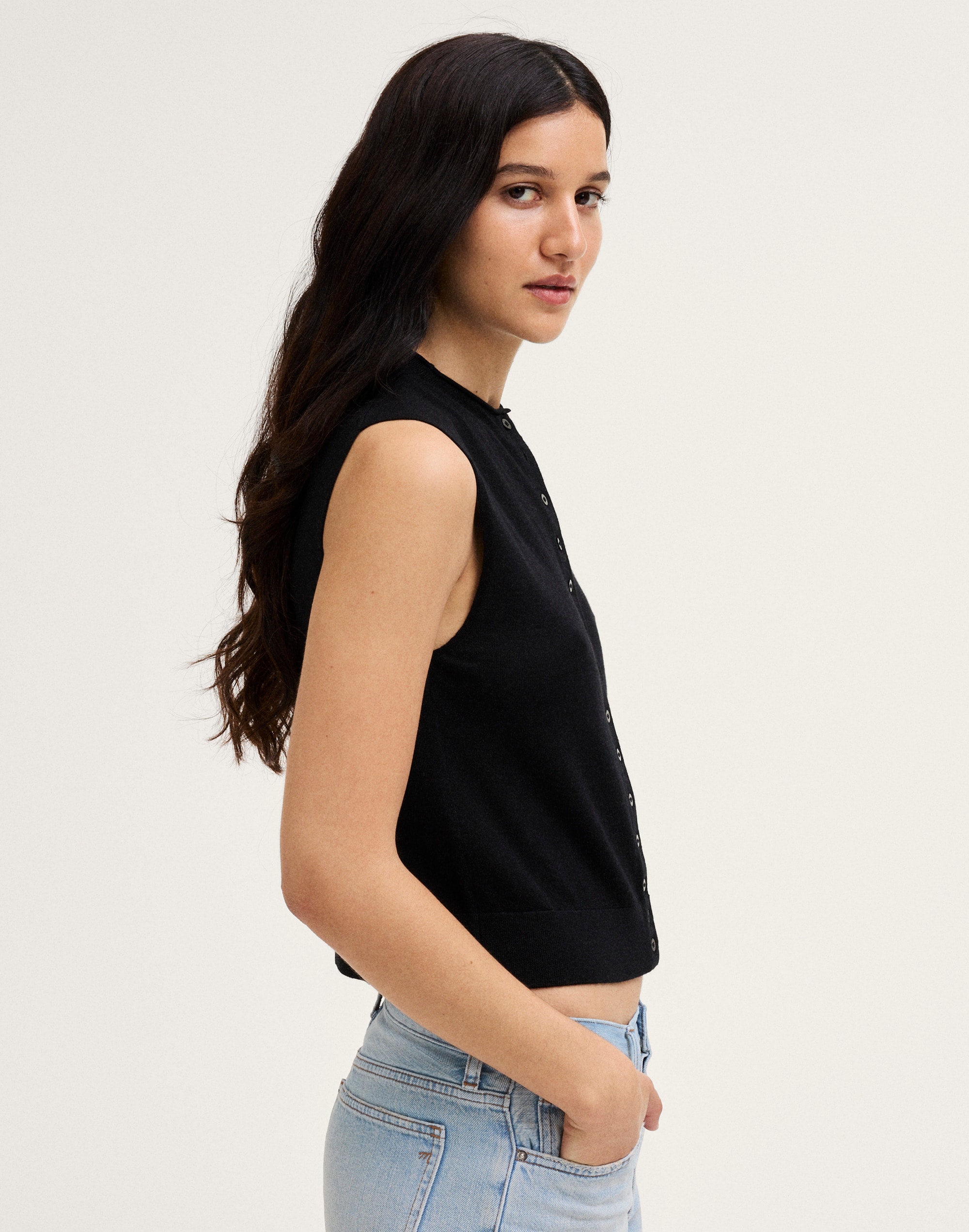 Button-Front Sleeveless Cardigan