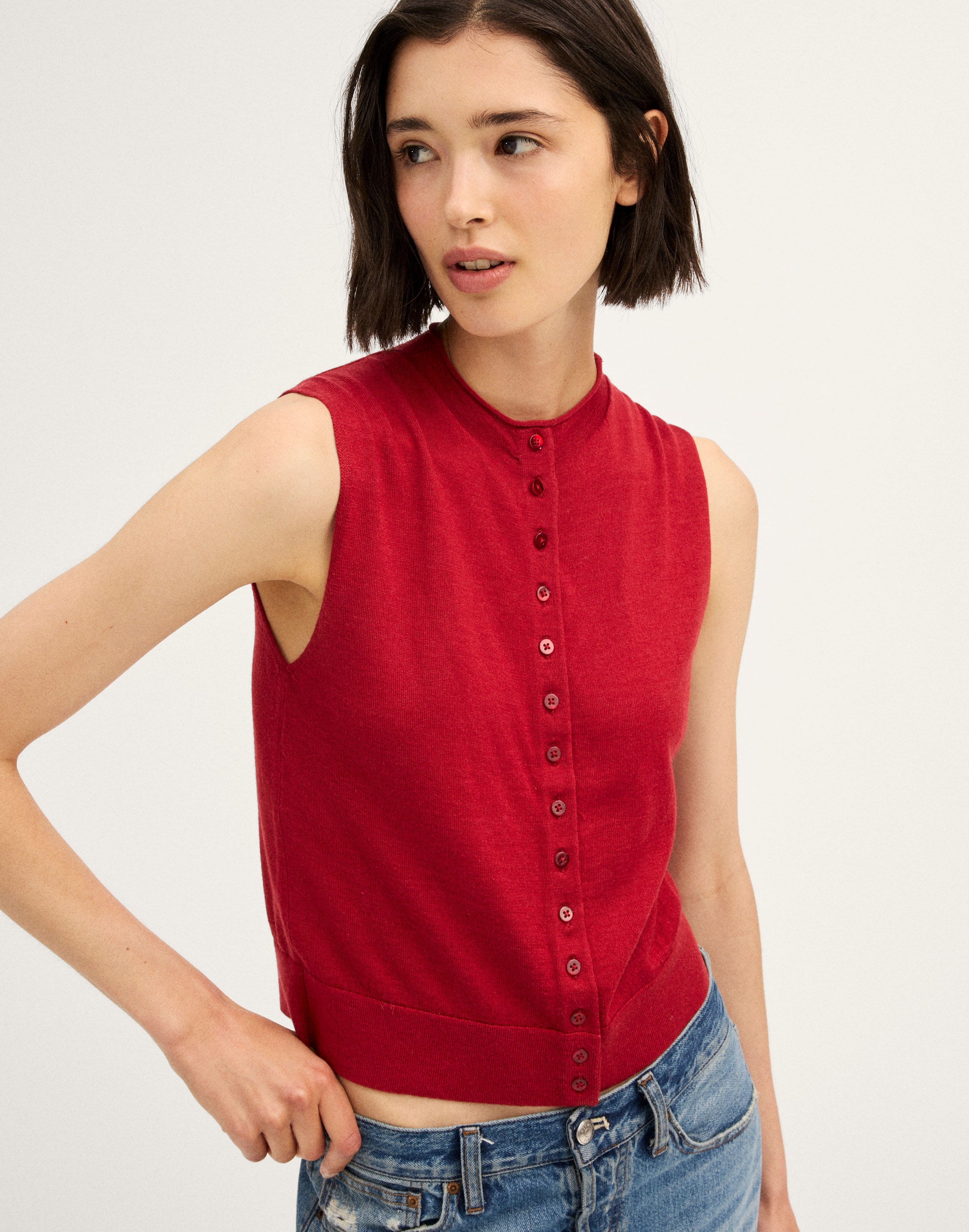 Button-Front Sleeveless Cardigan - Red