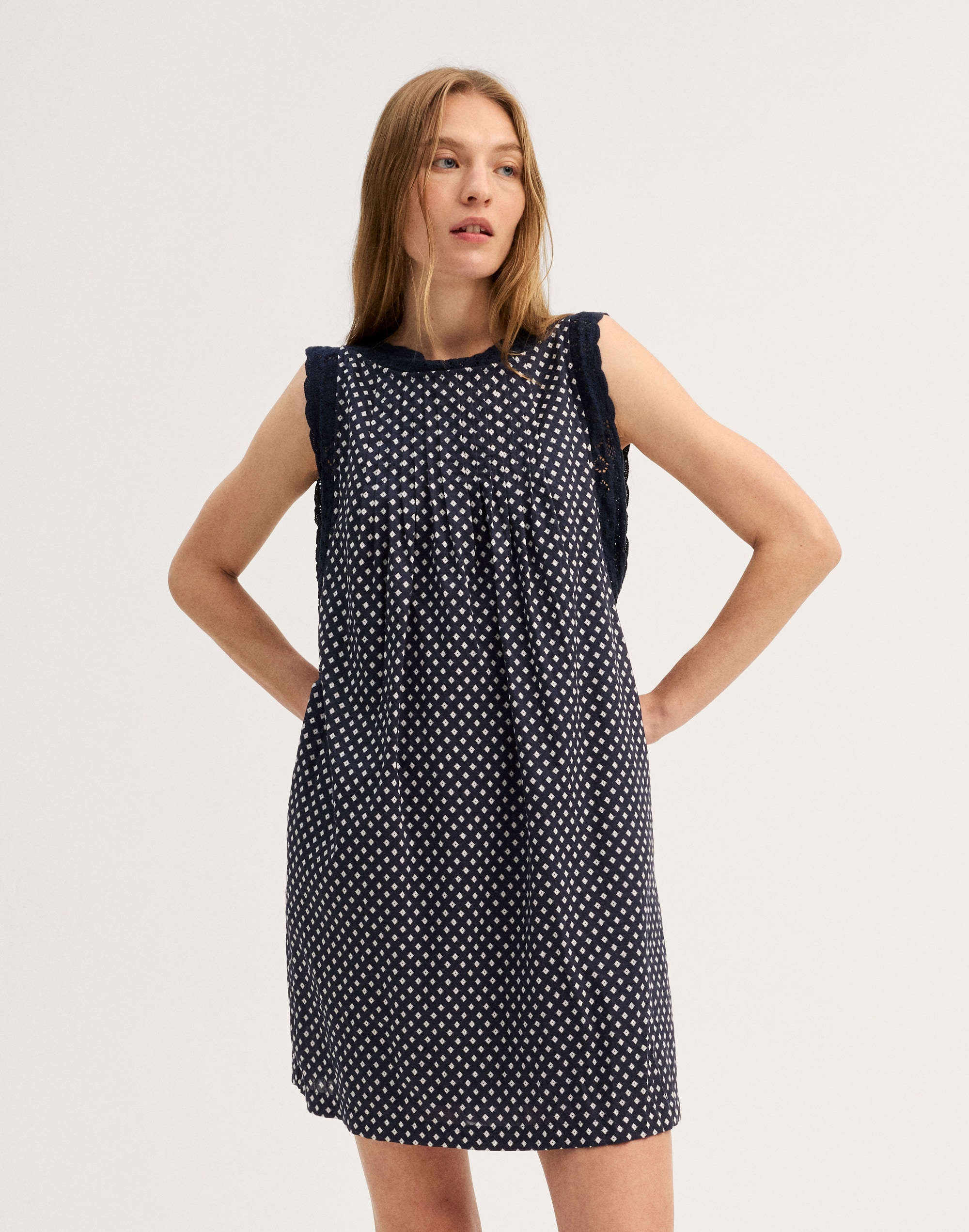 Crochet-Trim Boatneck Mini Dress