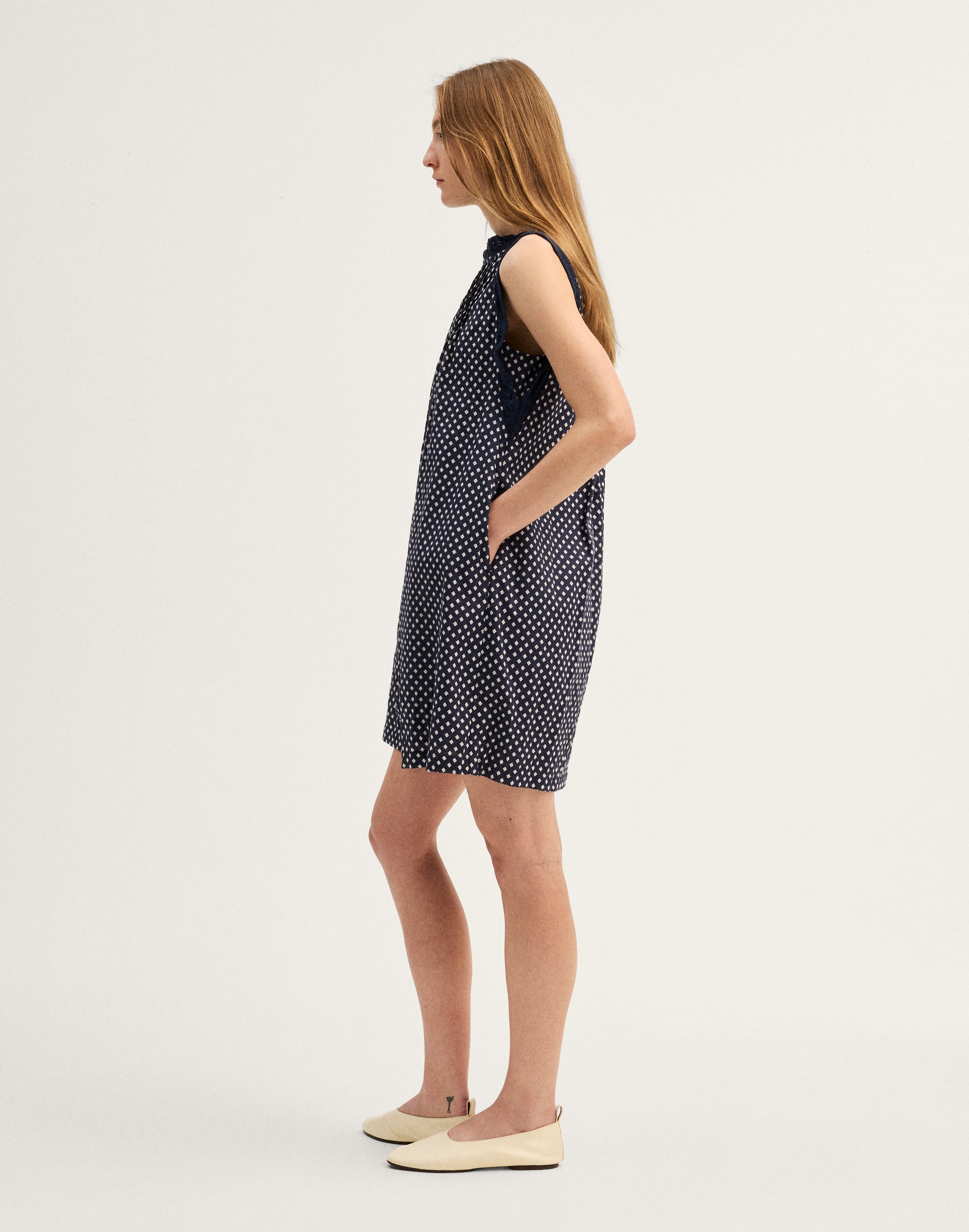 Crochet-Trim Boatneck Mini Dress