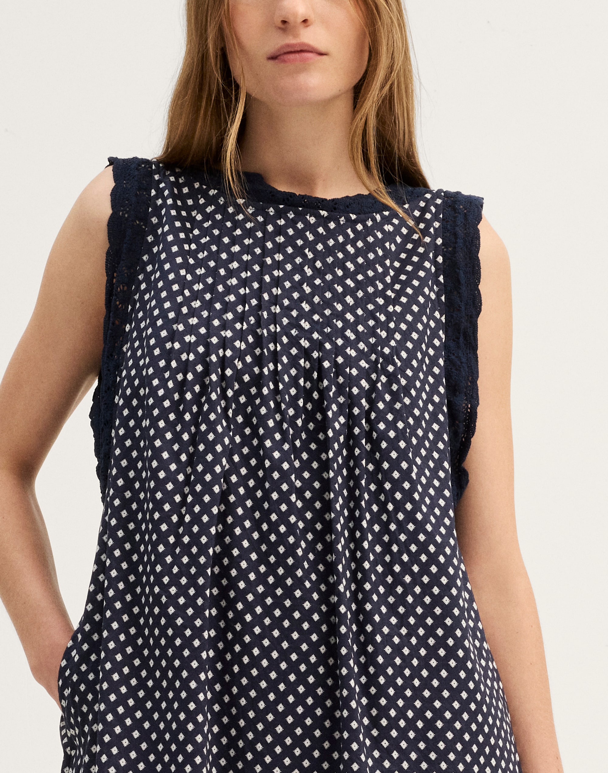 Crochet-Trim Boatneck Mini Dress