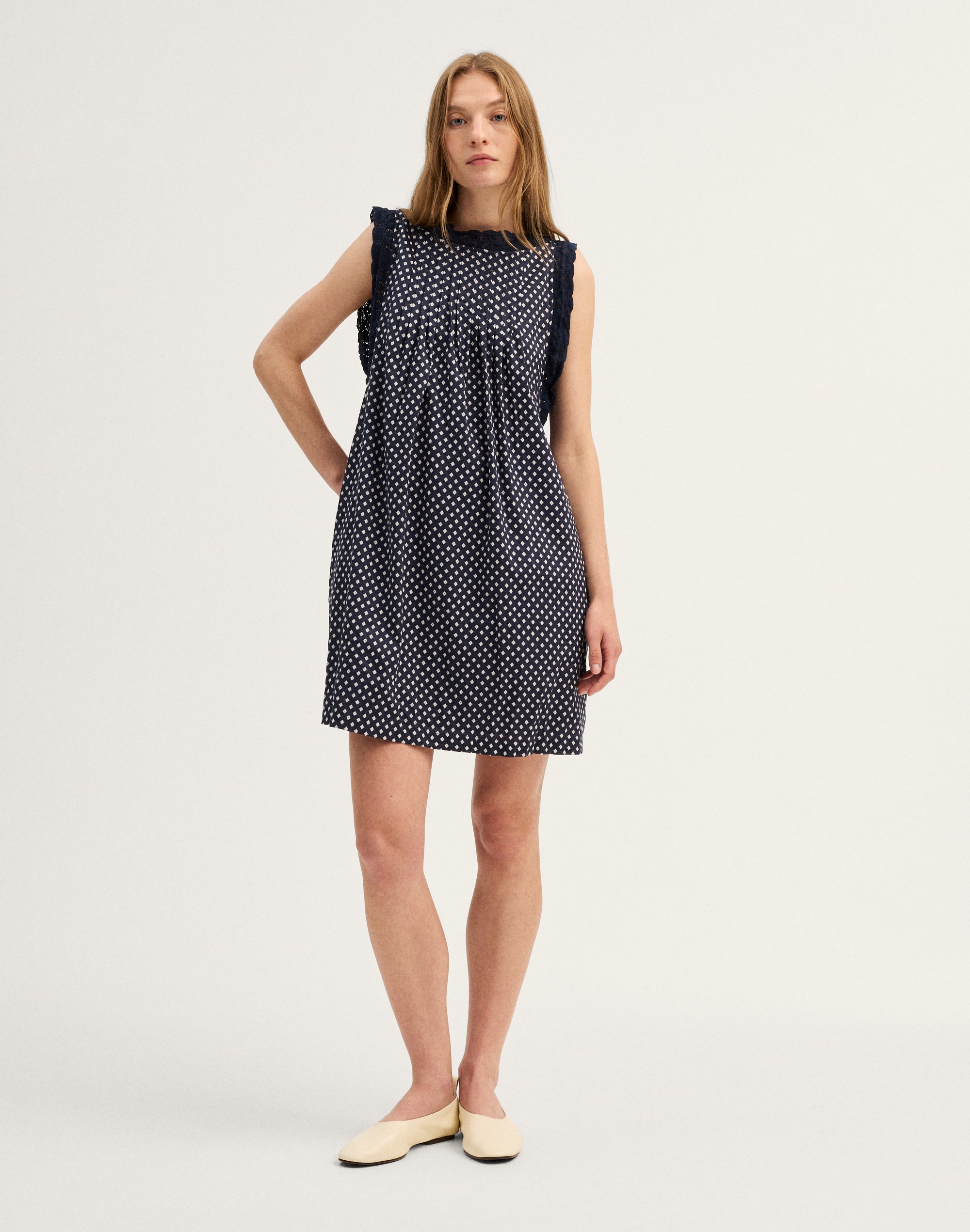 Crochet-Trim Boatneck Mini Dress