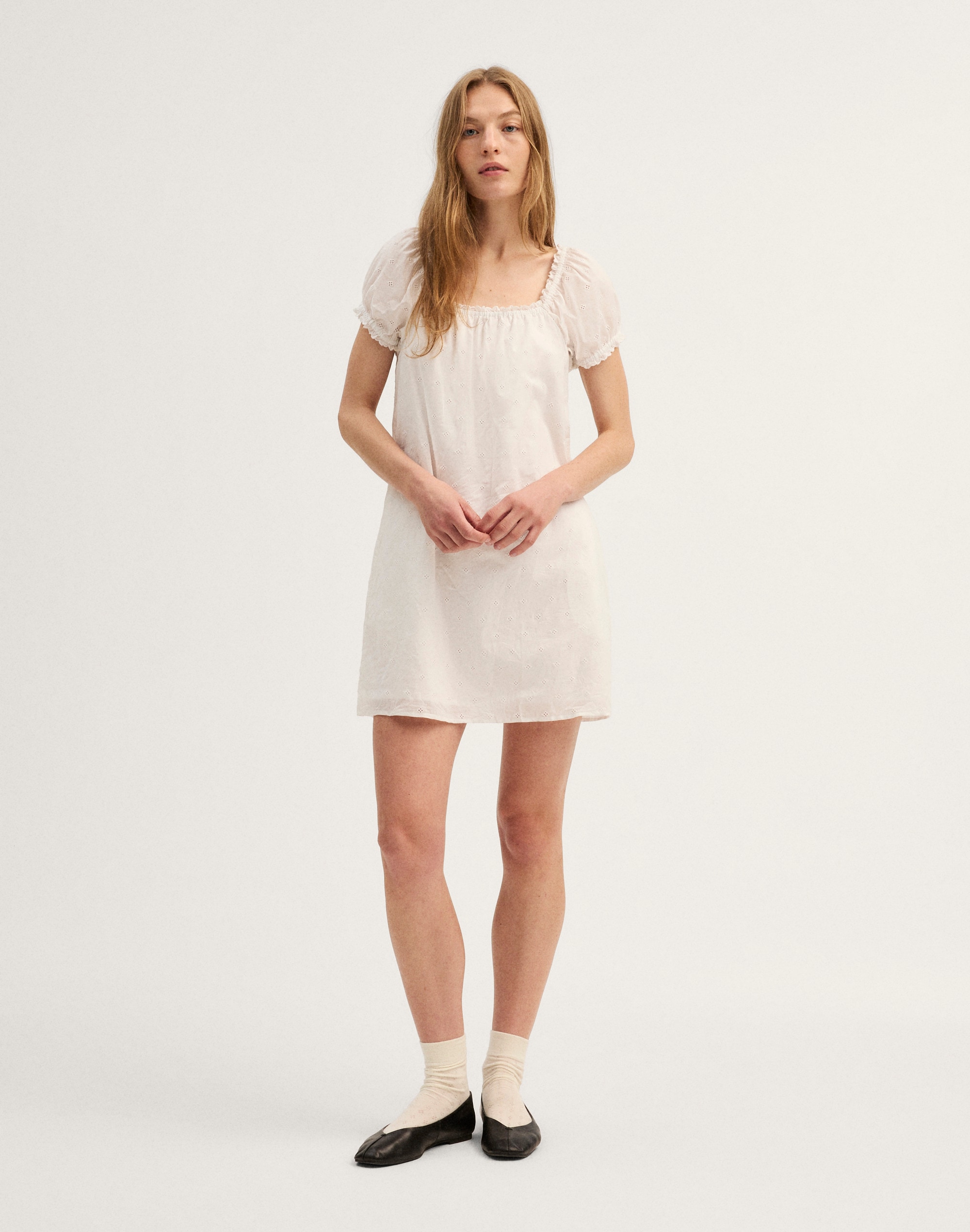 madewell white dress Ruffled Pleat-Sleeve Mini in Spring Fling $138 Size 6 in polka dots White Dresses for Women |