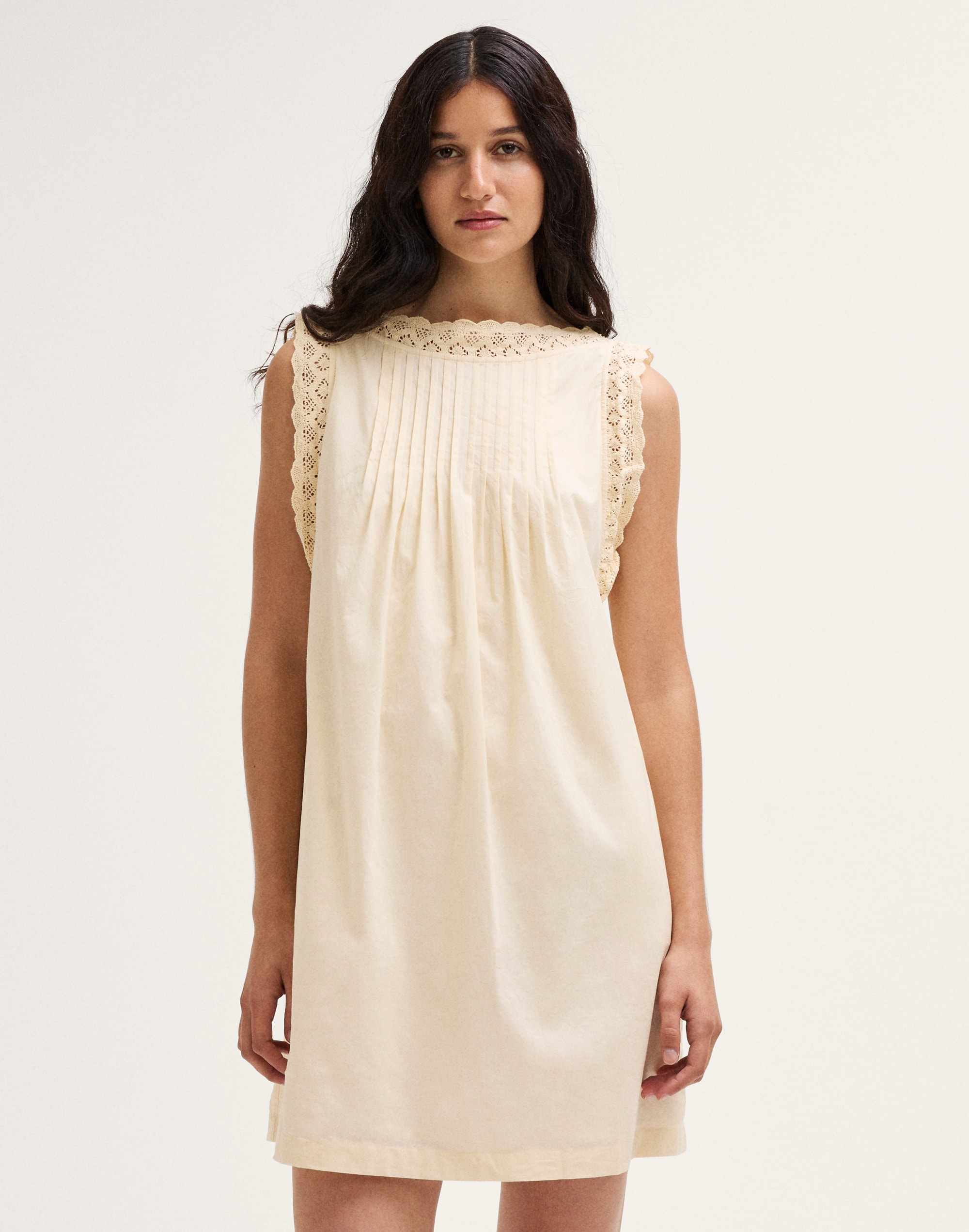 Crochet-Trim Boatneck Mini Dress