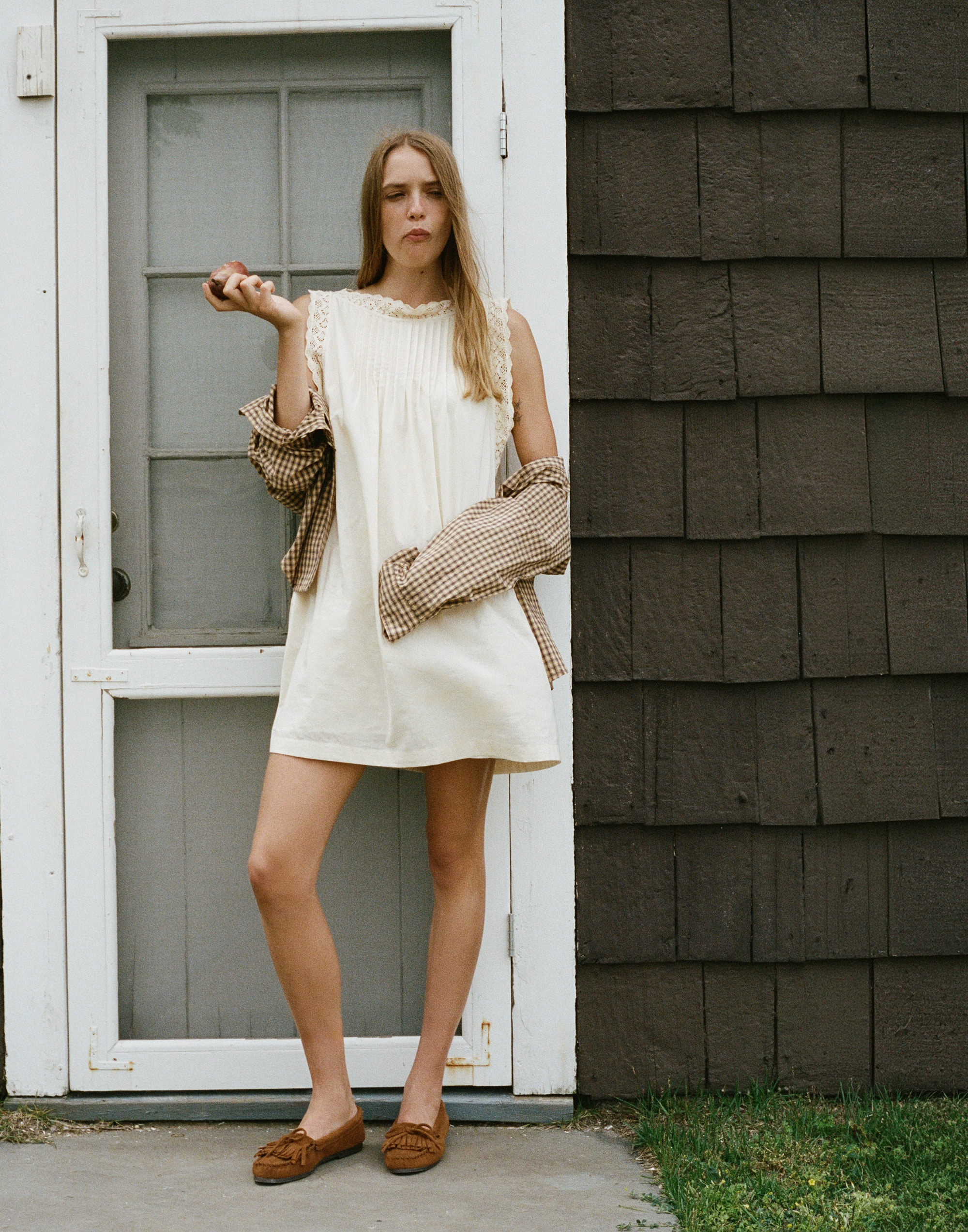 Crochet-Trim Boatneck Mini Dress