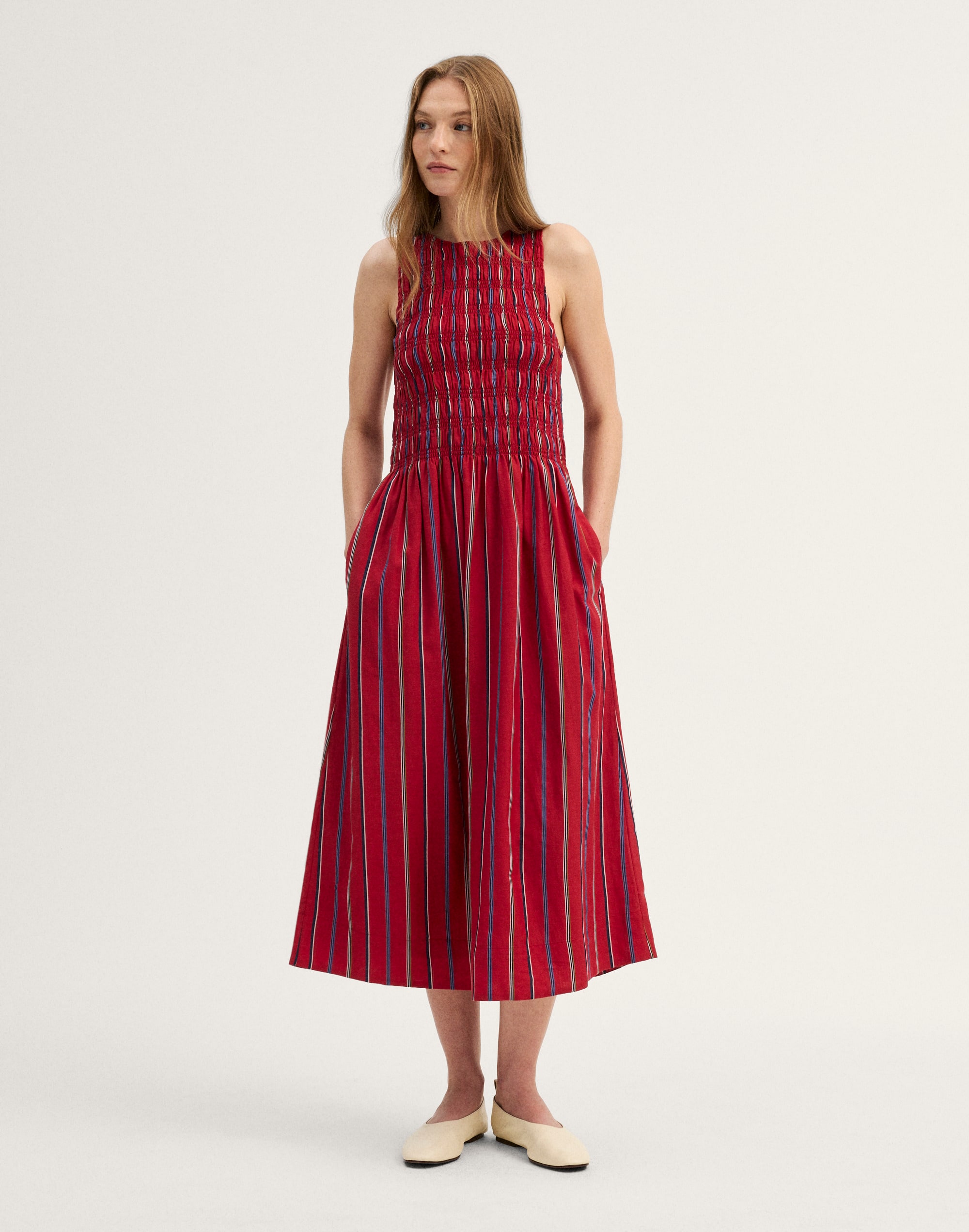 smocked racerback midi dress