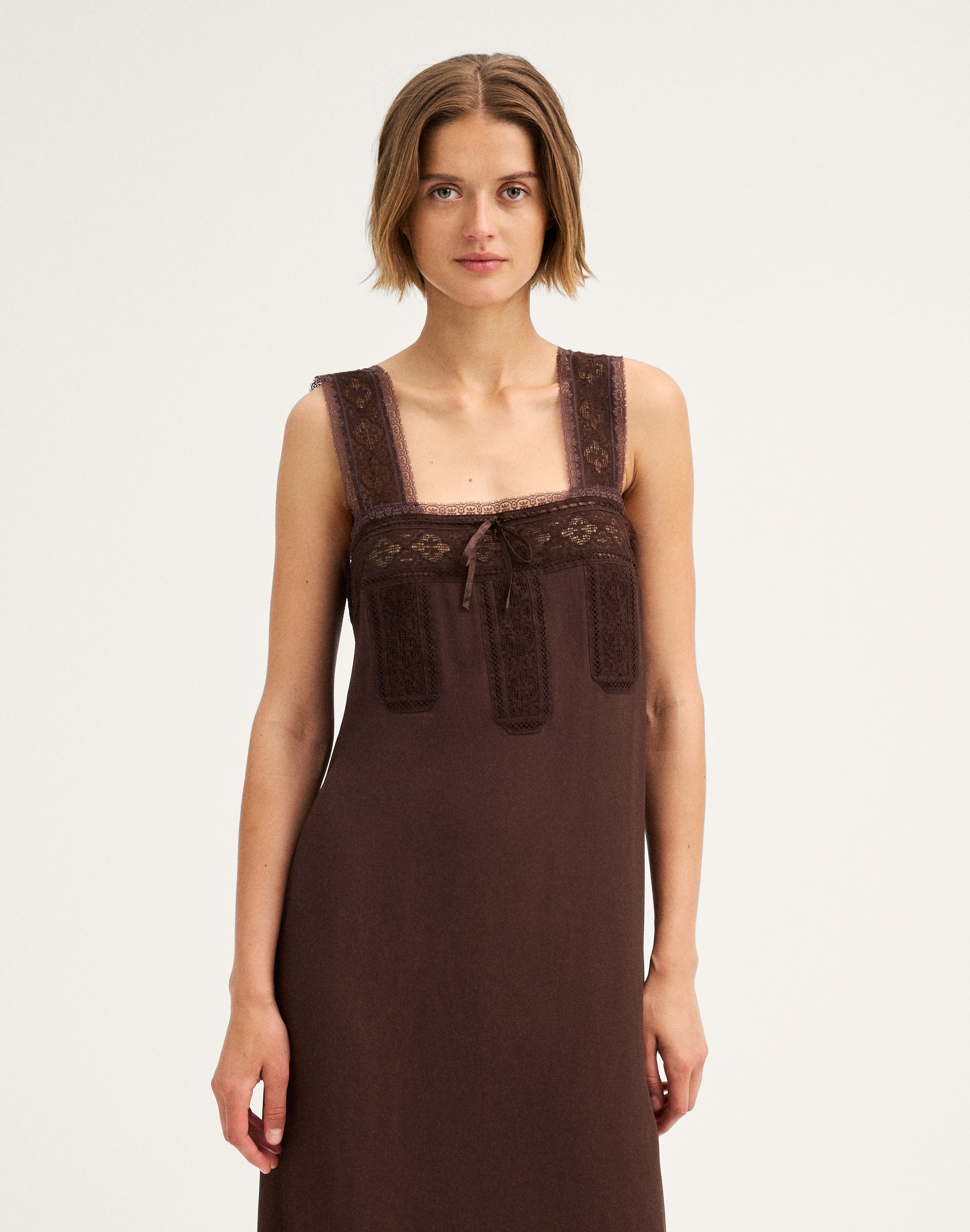 Lace-Insert Tie-Front Midi Dress