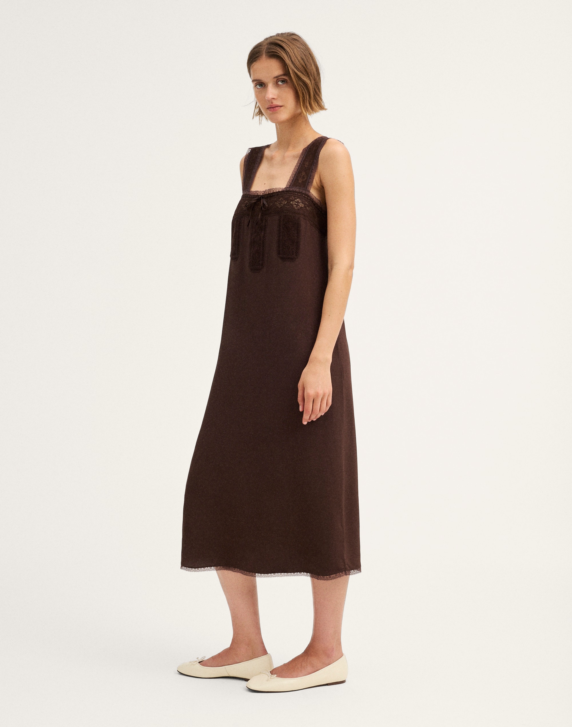 Lace-Insert Tie-Front Midi Dress