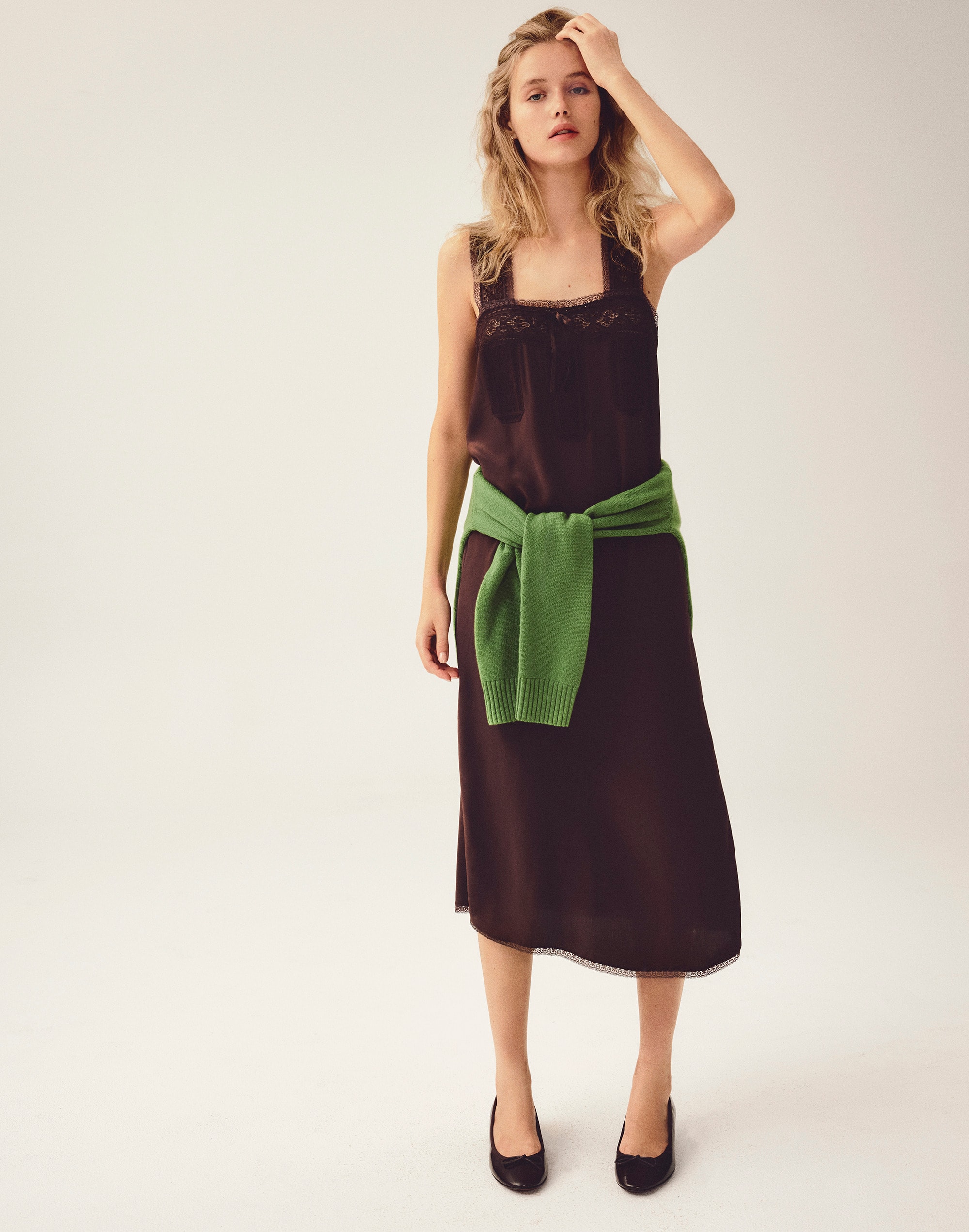 Lace-Insert Tie-Front Midi Dress