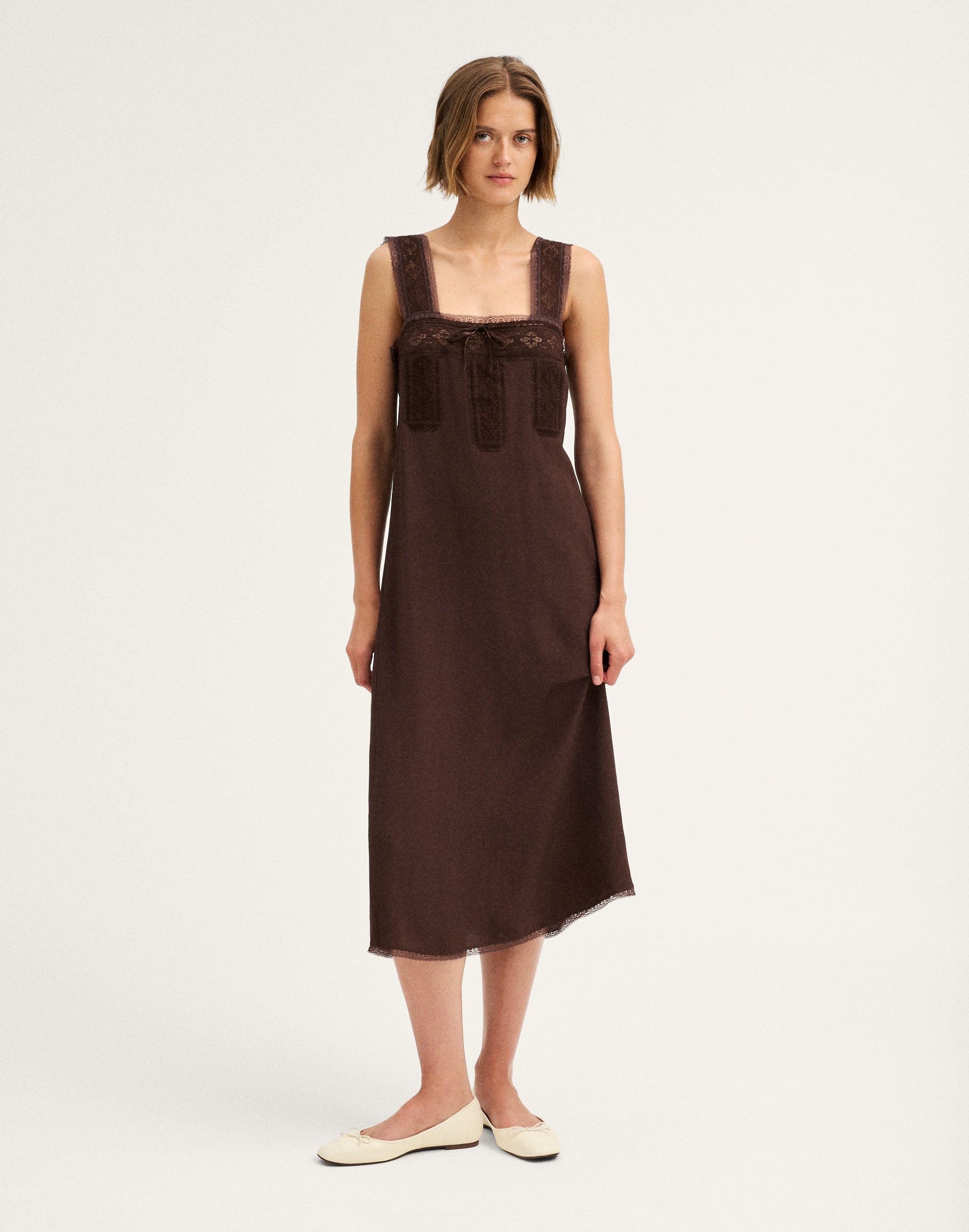 Lace-Insert Tie-Front Midi Dress