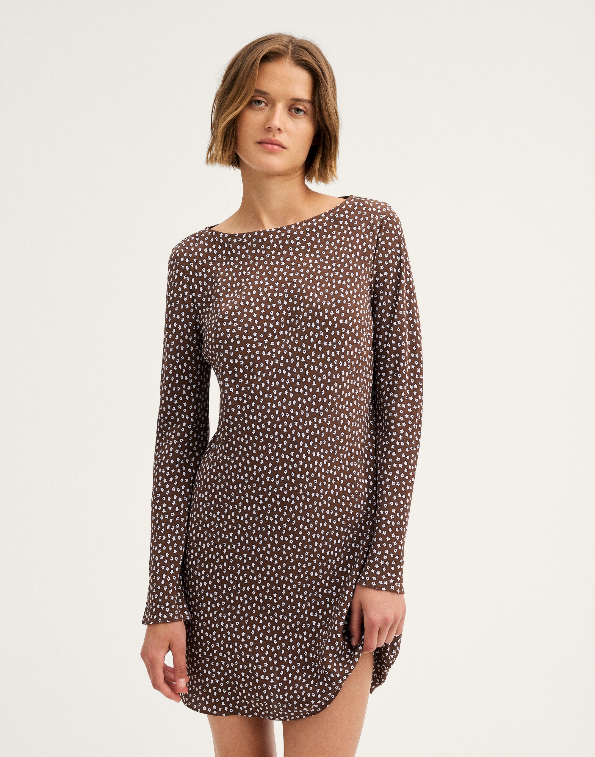 Long-Sleeve Boatneck Mini Dress