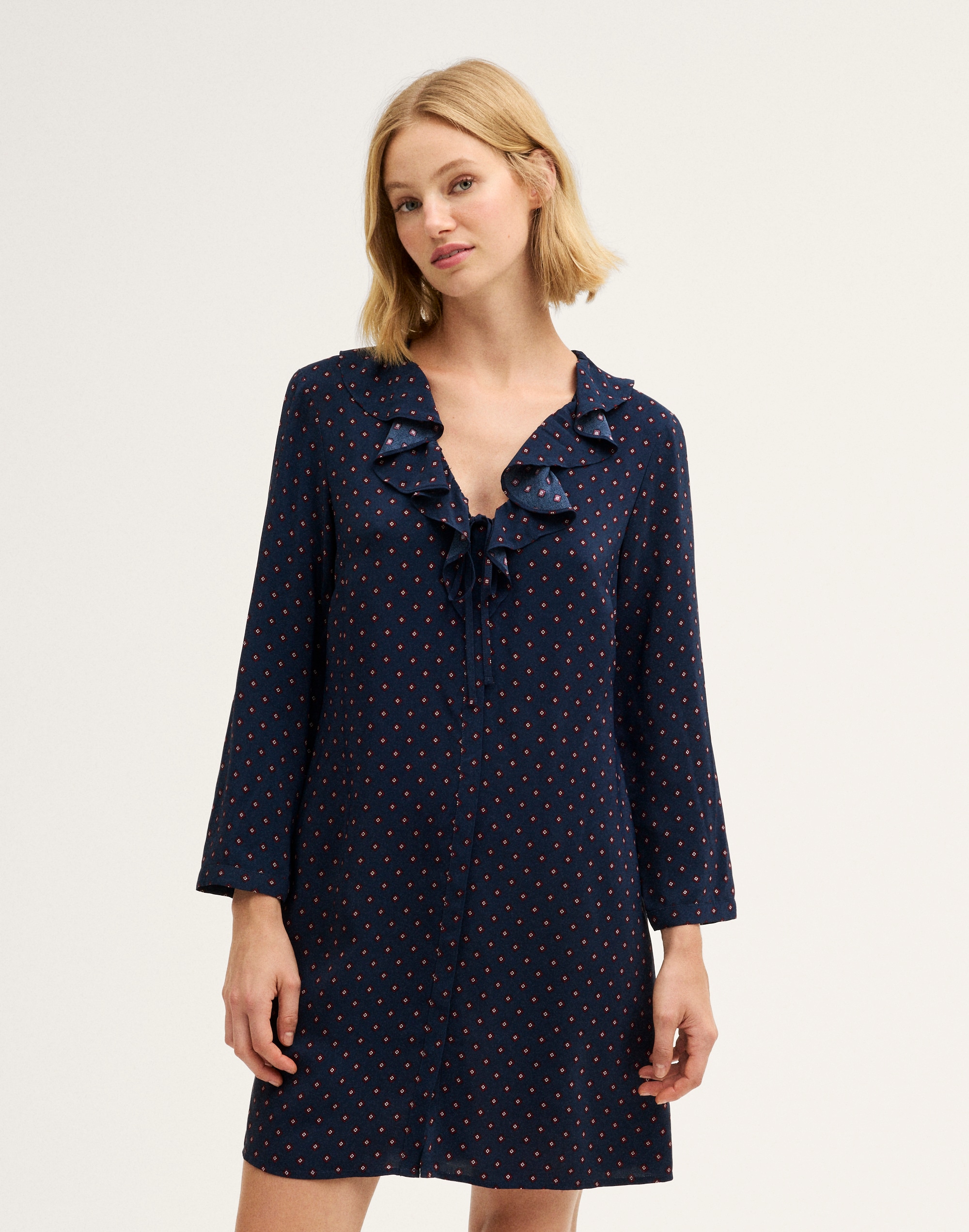Ruffled V-Neck Long-Sleeve Mini Dress