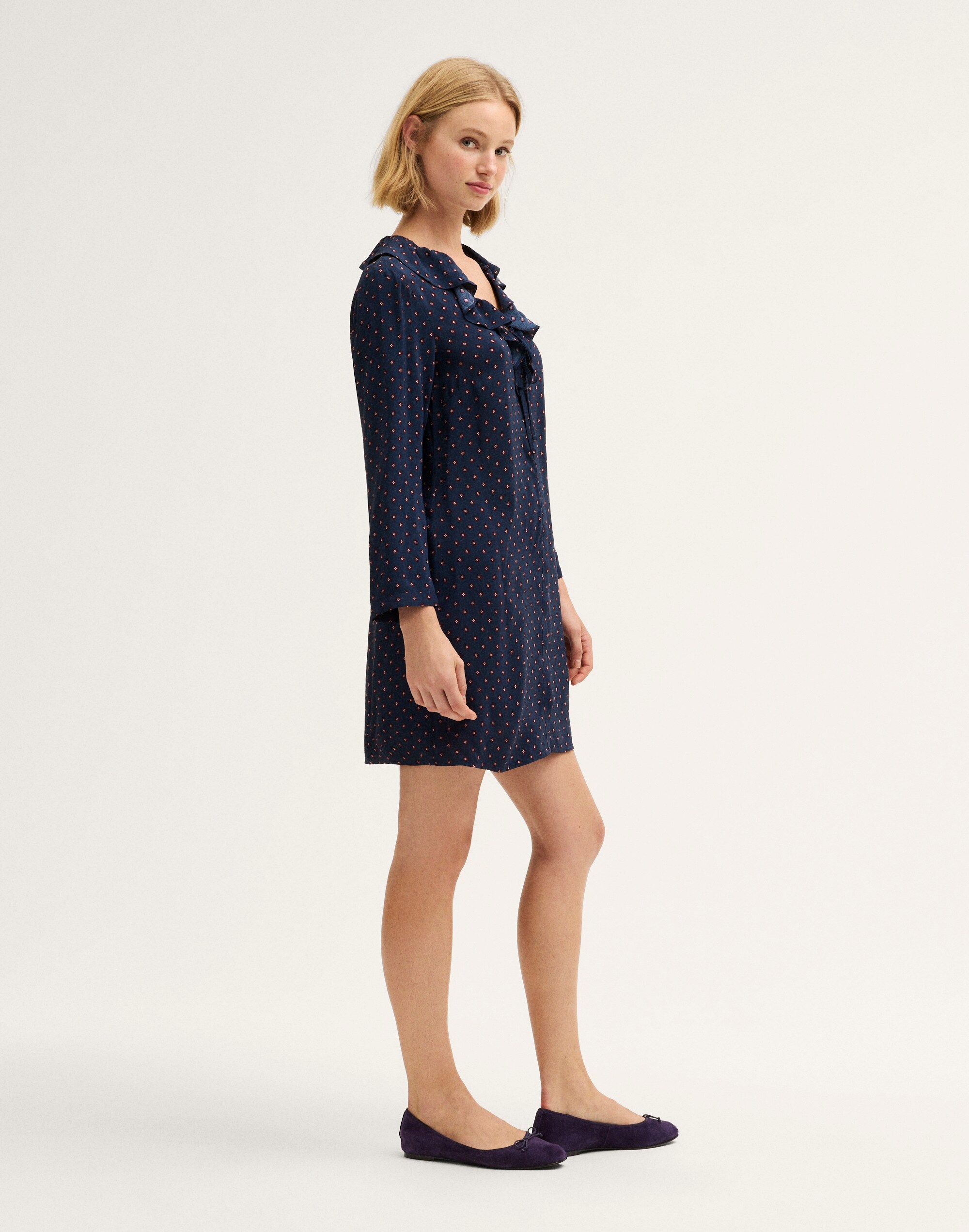 Ruffled V-Neck Long-Sleeve Mini Dress