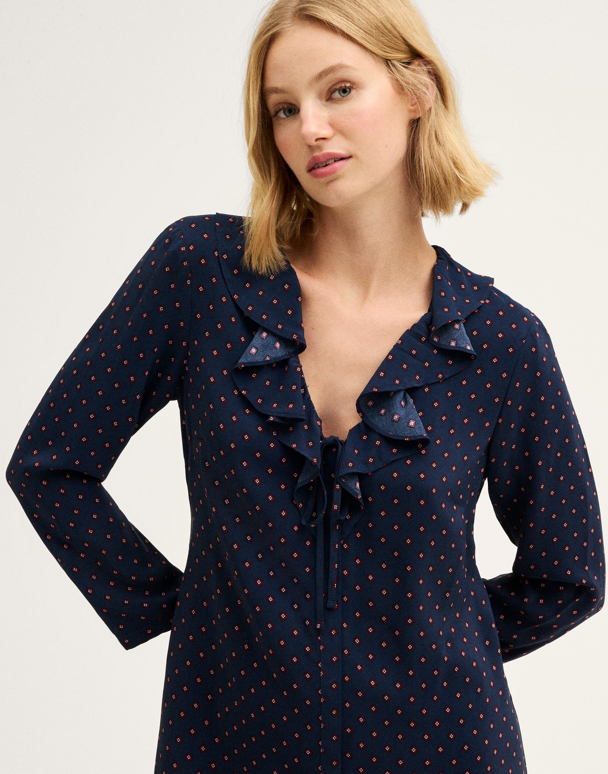 Ruffled V-Neck Long-Sleeve Mini Dress
